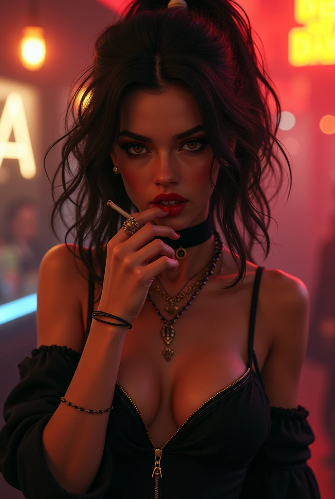 A sexy preppie girl crying in a night club. Cupping her tits