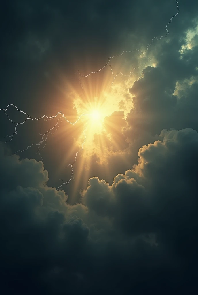 A dramatic, dark stormy sky with flashes of lightning, contrasting with ...