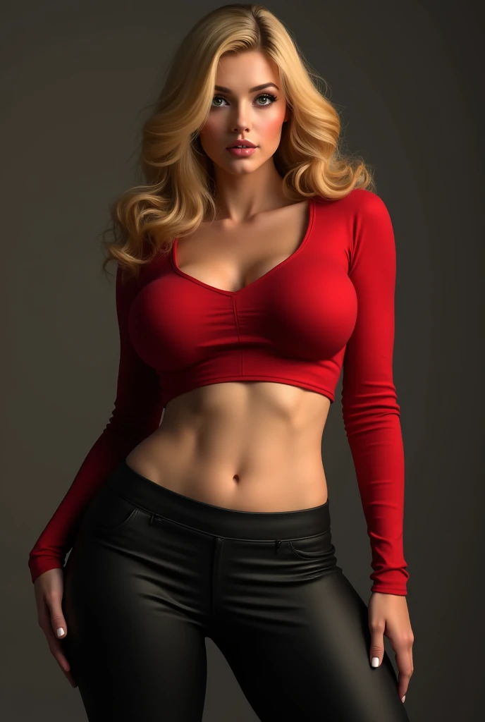 Make a 3d stylish,hot and good looking girl with blonde hairs long. Wearing a v shape top 1 shoulder and waist less top qnd a short midie ends in half Thai and breast size is 56, waist size 28, hip size 56 sexy nude