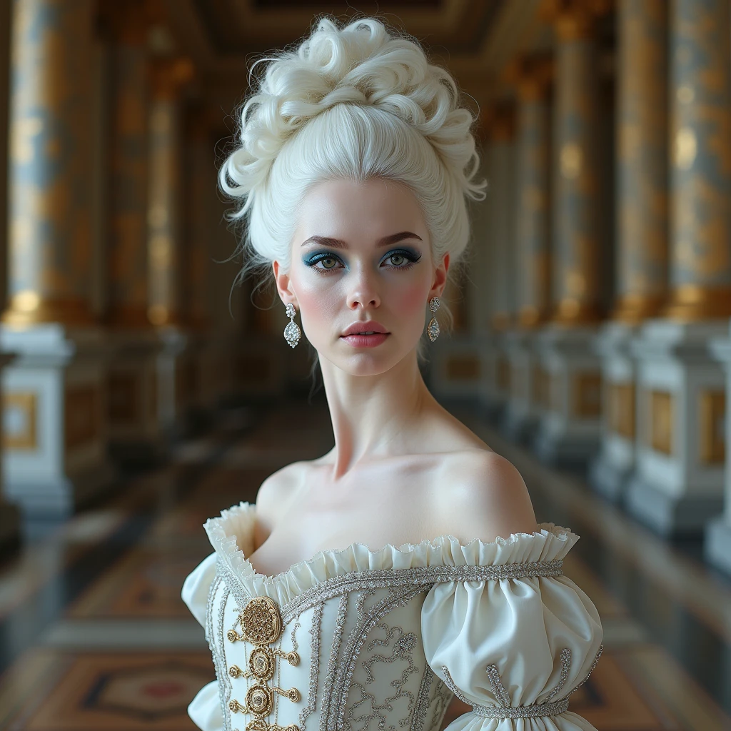 cinematic photo, gorgeous Georgian era woman, bare shoulders, head held high, grand elaborate white powdered wig, towering wig with curls and waves, delicate ornaments, detailed face, beautiful face, well-defined eyebrows, brown eyes, subtle rouge cheeks and kohl, delicate lace ruffle, silk skirt. lavish Georgian ballroom, crystal chandeliers, gilded furnishings. 35mm photograph, film, bokeh, professional, 4k, highly detailed, (tighs to head focus),detailxl