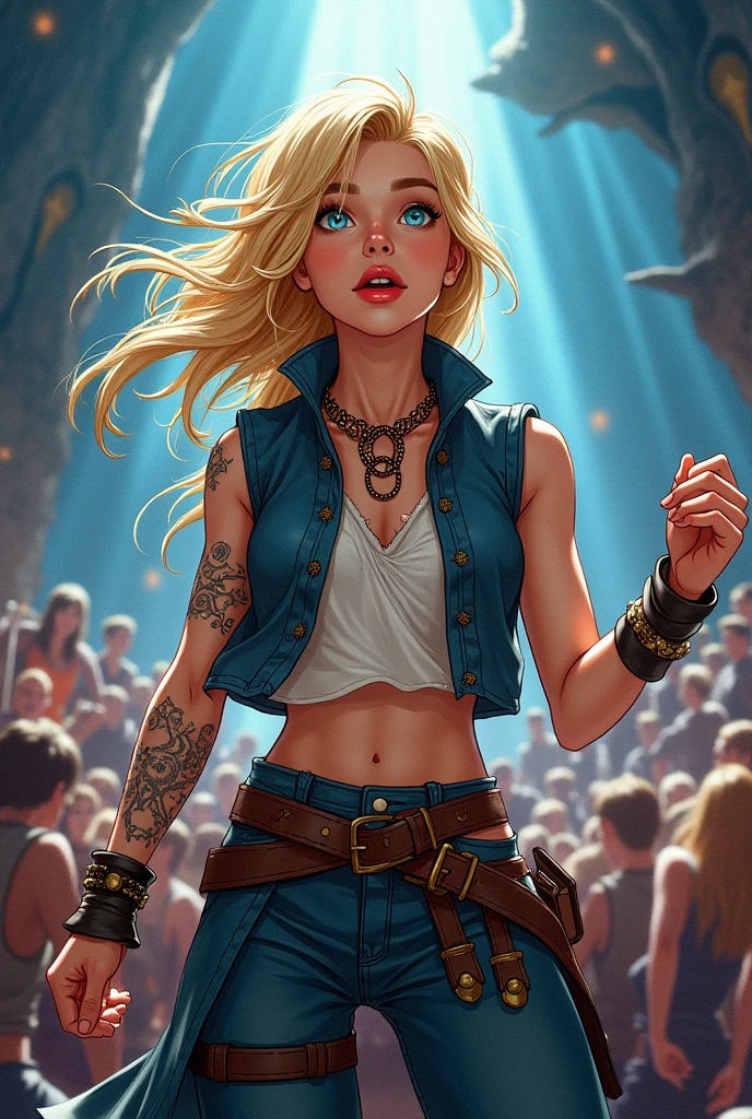 female beggar from the early 18th century, short hair, blond hair, tattoos, small breasts, ripped ragged clothes, barefooted, sitting on the street, dungeons and Dragons 5th edition fantasy illustration, highly detailed cinematic fantasy portrait, black outlining, full color illustration, in the style of BORIS VALLEJO & JULIE BELL, masterpiece, 8k, ultra-detailed, physically-based rendering, vivid colors, dramatic lighting, dramatic pose, intricate background, fantasy, photorealistic