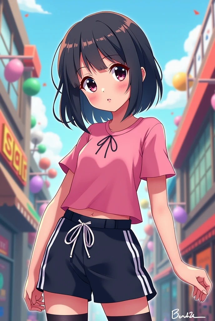 (,young girl ,short stature,gyaru)) ,flat chest,nsfw,,big head, ,black hair,twintail,.,street,evilsmiling,stand