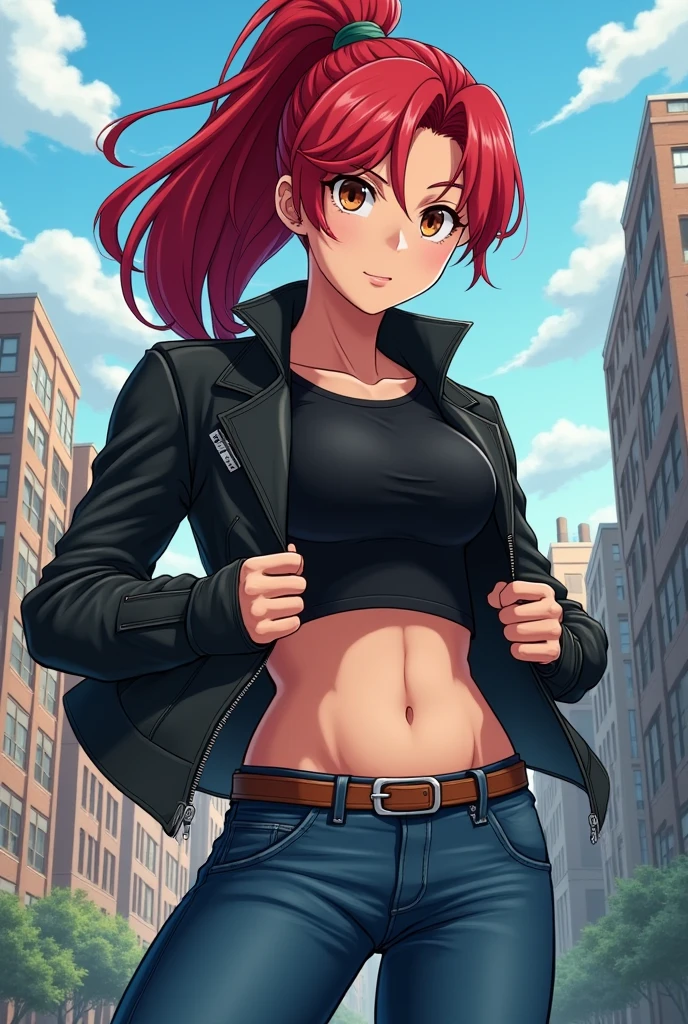 1girl, red hair, semi-short hair, half of her head is shaved short, messy hair bun, small side-braid, red eyes, spiky teeth, evil smile, muscular, athletic, cut, extremely well-built, black tank top, long jeans, red leather jacket, back alley at night absurdres, high res, ultrasharp, 8K, masterpiece