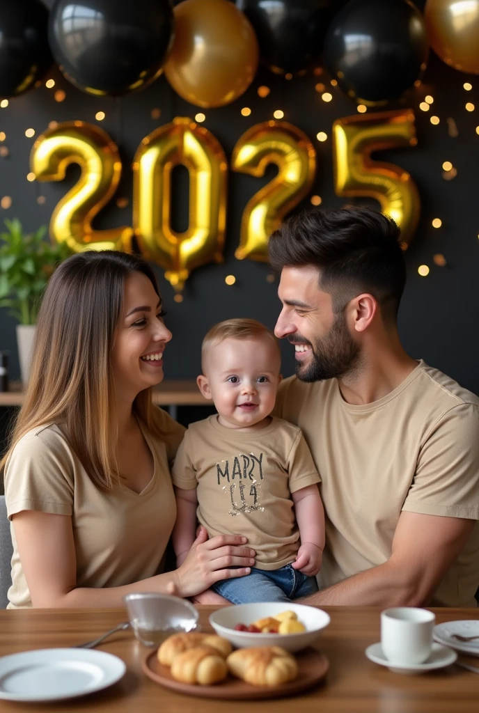 A family picture with year they are born. A mother with 2004, a father with 2000 and a baby girl with 2024