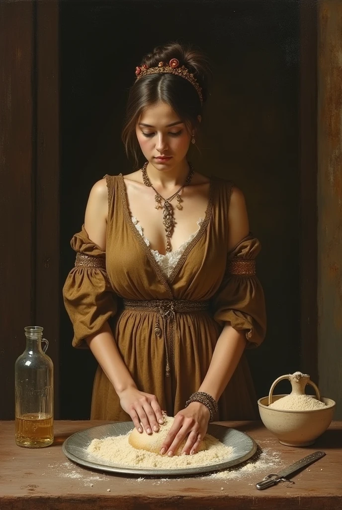 A young and determined Roman woman, with long dark hair, dressed in a classic Roman tunic, is in an ancient Roman room. With a face of firmness and resolution, He is making a small wound on his thigh with a knife. The environment should include Roman elements such as columns, statues and curtains. The expression on your face must reflect pain., but also a strong determination and self-control