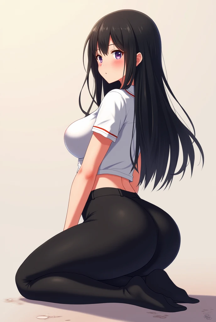 8k, (master piece, best quality, high resolution, complete hands), (1 girl), Blue eyes, BREAK (long hair, black hair, straight hair), BREAK (white t-shirt, black loungewear shorts:1.3), BREAK (Leaning forward), butt on focus, (shoot from behind), (changing room), (embarrassed face, blush), (shorts pull:1.3), buttocks, taking off shorts,