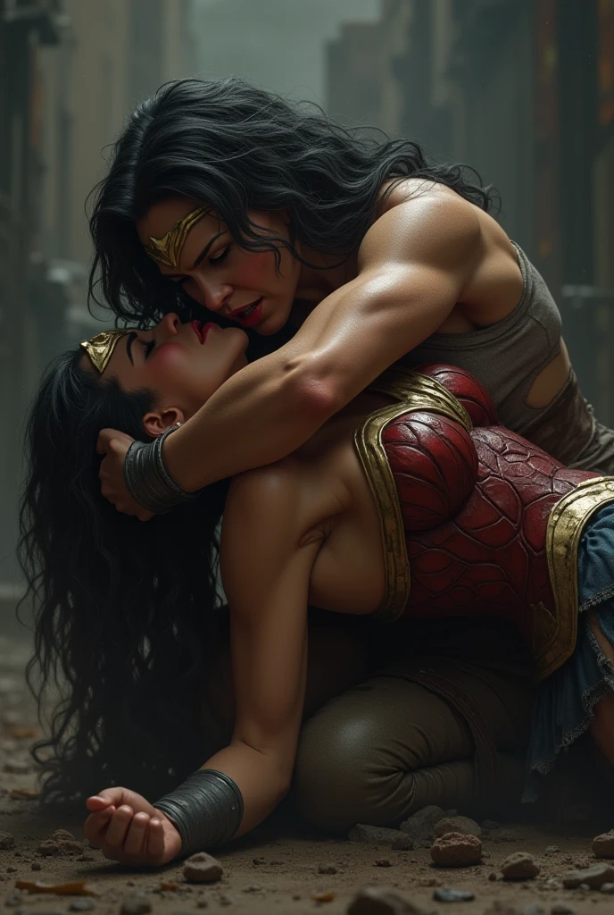 Close-up of two women in costume fighting each other, heroic battle pose, heroic pose, dressed up as Wonder Woman, superhero pose, posing like a superhero, heroic action pose, super hot and sexy, wonder woman, superhero girl, cool scene, full scene shot, pose for fight, goddess, hero!!!, ((highest quality)), (8k, highly detailed, high-detail RAW color photos, masterpiece: 1.2), (realistic and realistic photos: 1.4), cinematic lighting rendering, photon mapping, physics-based rendering, woman in black and woman in Wonder Woman's costume, woman wearing black sleeveless clothes, with both arms around Wonder Woman's waist, Wonder Woman holding the woman's arms, head to the side, face another, Wonder Woman, clenched teeth, frowning, pain, breathing heavily, closed eyes, (intricate details, makeup), (delicate and beautiful delicate face, delicate and beautiful delicate eyes, perfectly proportioned face), (realistically moist skin: 1.2), (drenched body: 1.2), (wet skin), wet hair, delicate skin, strong and realistic blue eyes, realistic black hair, lips, makeup, natural skin texture, tiara, jewelry, star \(symbol\), leotard, bulletproof gauntlets, red boots, golden girdle, (public clothing: 1.5), bare shoulders, slightly sunburned skin tone, mature, sexy, elastic muscles, (muscles: 1.3), (((stronger, healthier)), (((more) muscles))), long legs, curves, (big breasts: 1.3), thin waist, soft waist, (delicate skin), (beautiful and sexy woman), (swollen lips: 0.9), (eyelashes: 1.2), very delicate muscle definition,