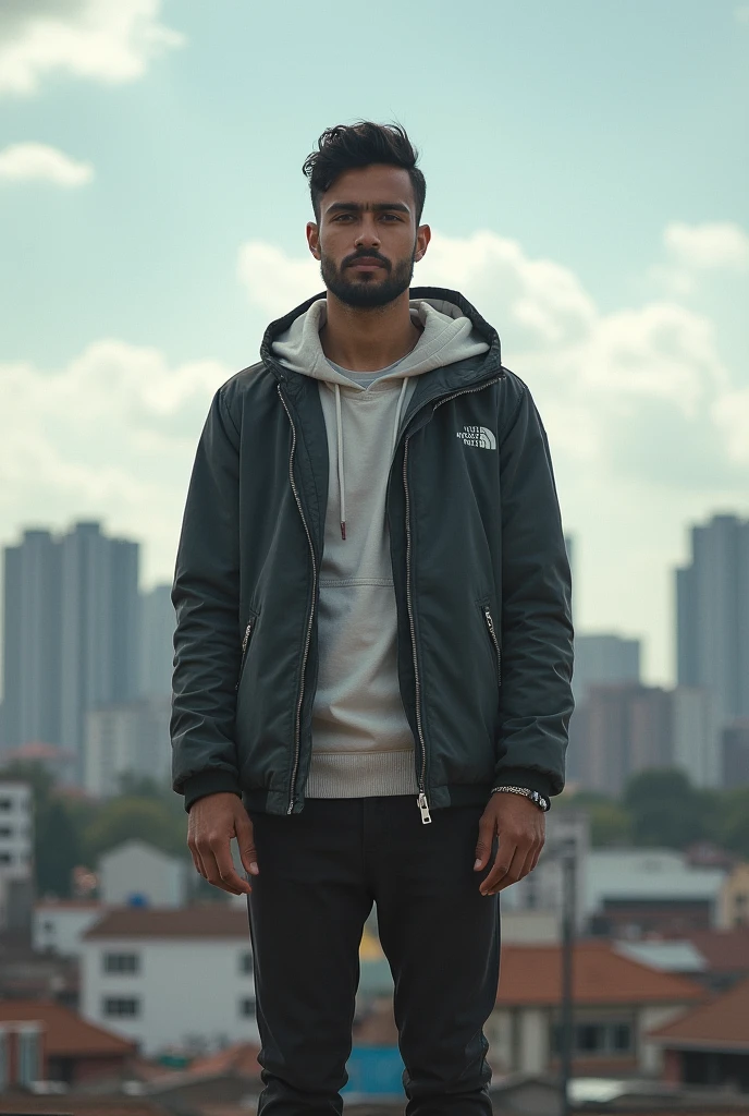 32K, Masterpiece, cinematic lighting, ((monochrome)), (red shading), perfect shading, art station enhanced, visually arresting photograph of <lora:JackHarrer:1> JackHarrer, short hair, scruffy, stubble, closed mouth, smile, sweatpants, sweatshirt with hood, standing, metropolitan background, hands in pockets, close up