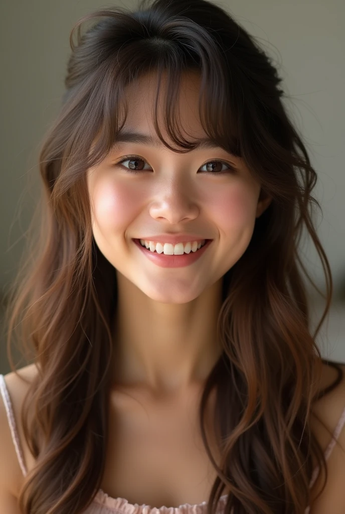 face perfect, beautiful face of a 14 year old Japanese , Smiling beautiful,on pink background