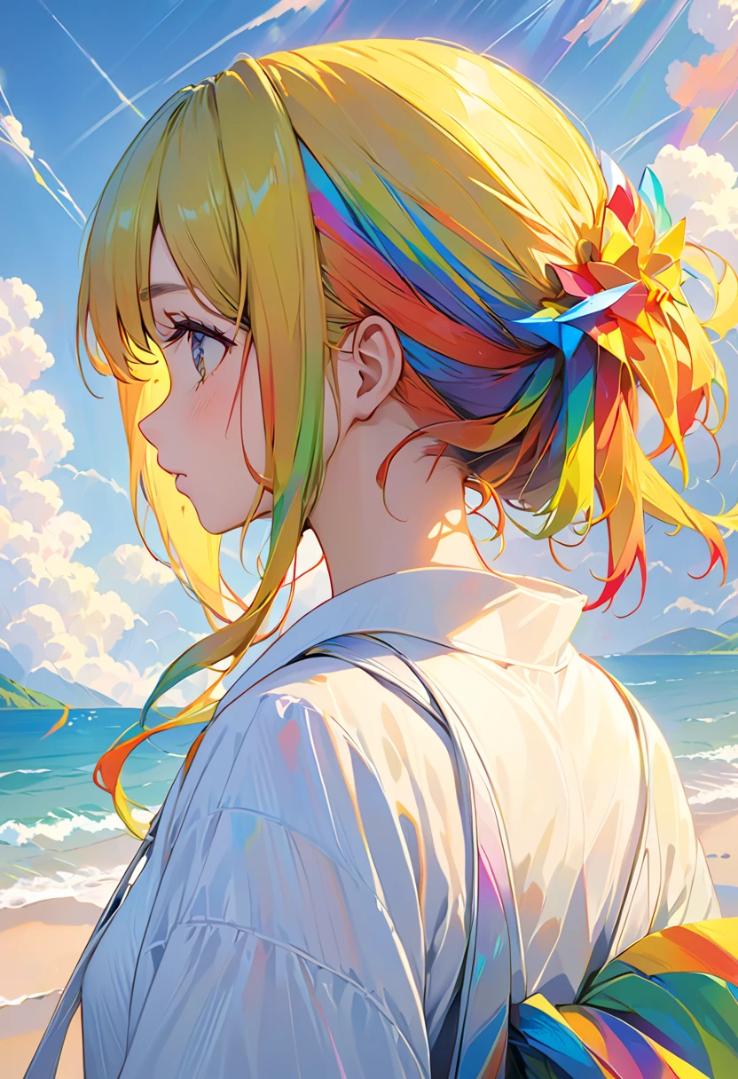  best quality , ((Masterpiece)),  illustration,  from the side 1 girl  [Yellow Head |  Rainbow Head],  best quality  and Masterpiece