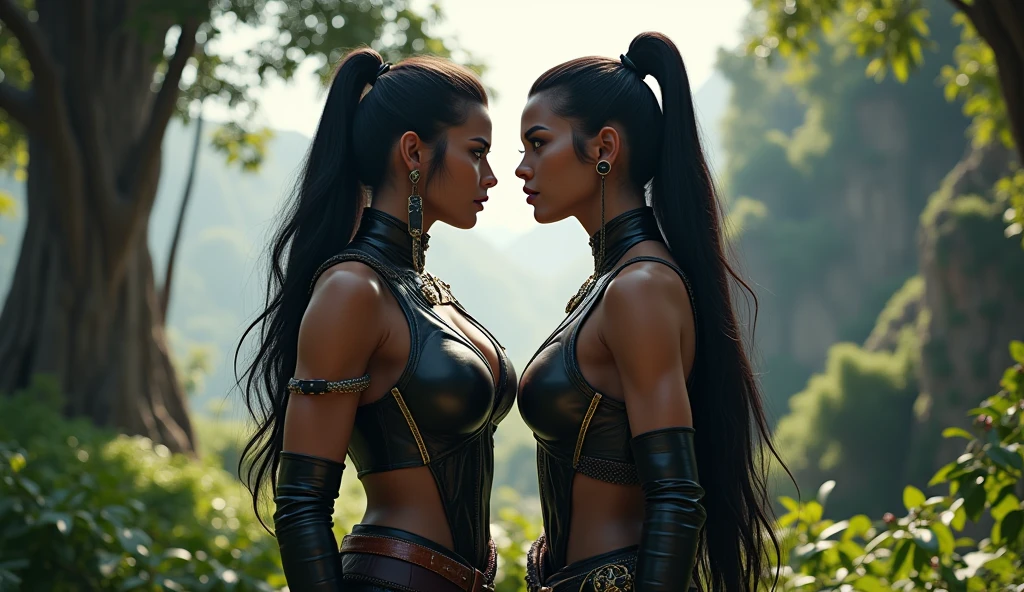 an elegant girl, serving breakfast in a calm atmosphere. The girls wear warrior-inspired leather outfits with intricate wasp patterns. The terraced village in the background is illuminated by warm morning light, creating a sense of calm and power.