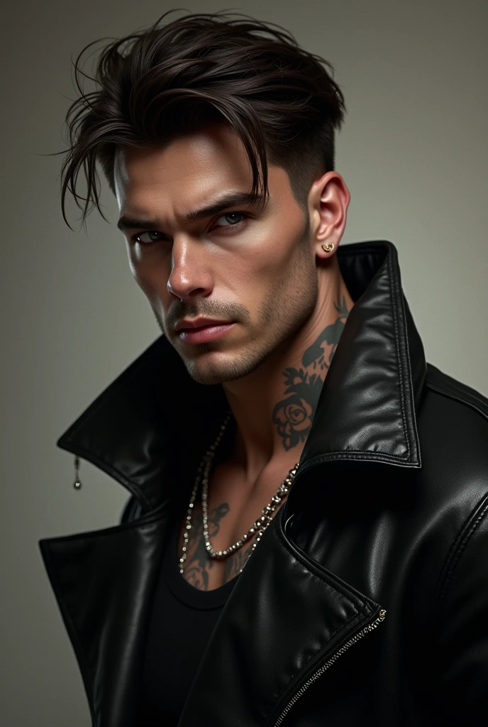 ((a man of 30, tatuados, Wearing Gothic clothes , leather jacket, with blue eyes, similar to Andy Black from the band )),((hyperheal)) posing like a model, ((no tattoo on face)). ((de corpo inteiro)).