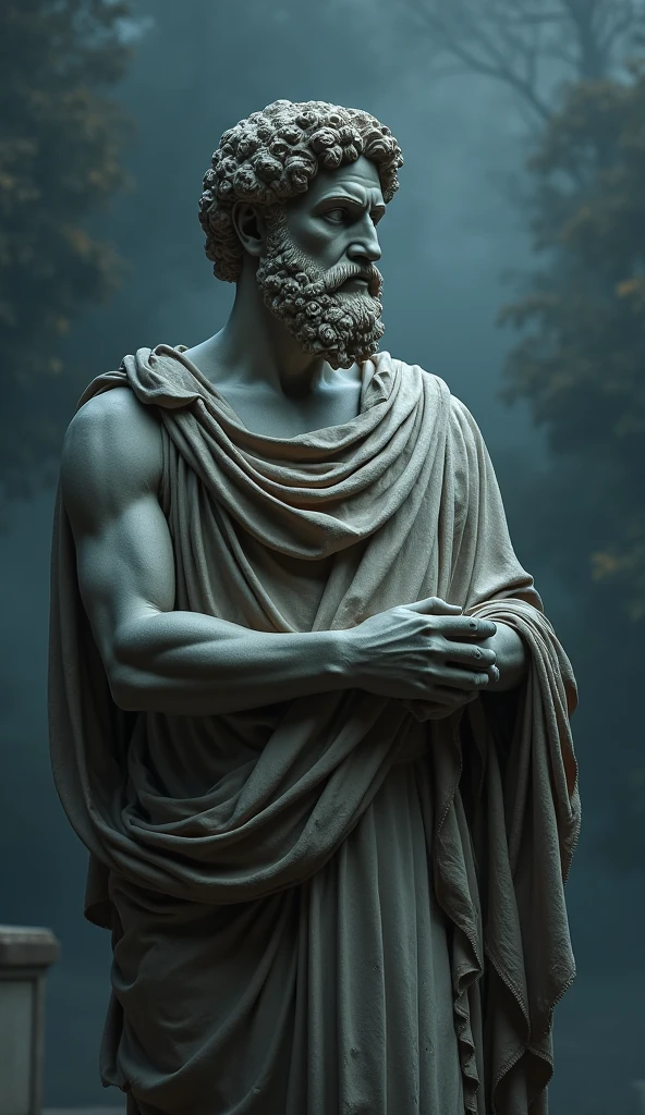 A serene and calming background featuring an ancient Greek philosopher statue, like Marcus Aurelius, in a park with soft sunlight filtering through trees. The statue has a thoughtful expression, symbolizing wisdom and introspection. In the foreground, there are delicate white text overlays that say "How Stoicism Can Improve Your Relationships" in an elegant font.