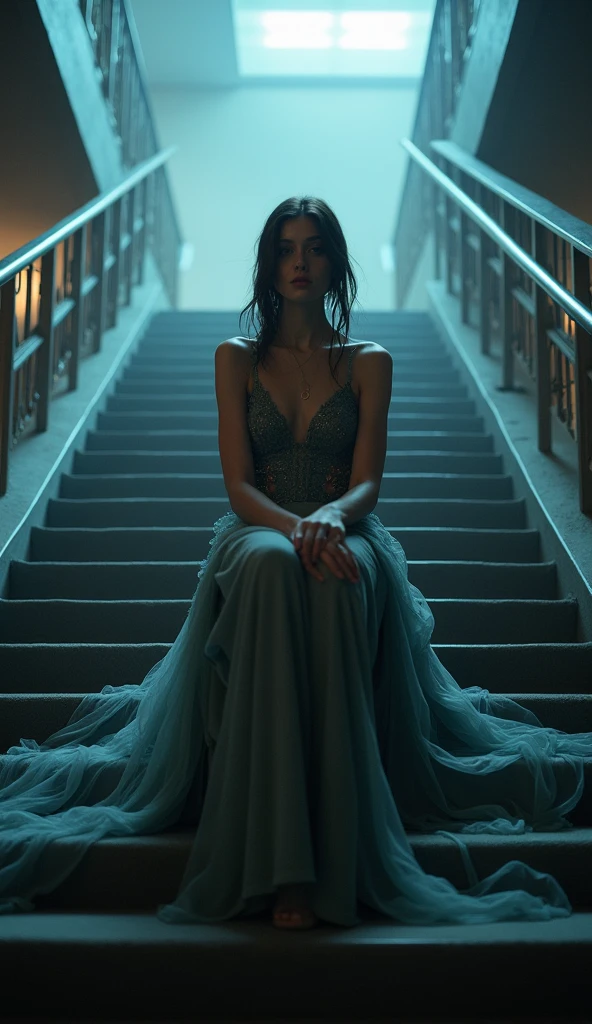 A woman in a blue dress tied up