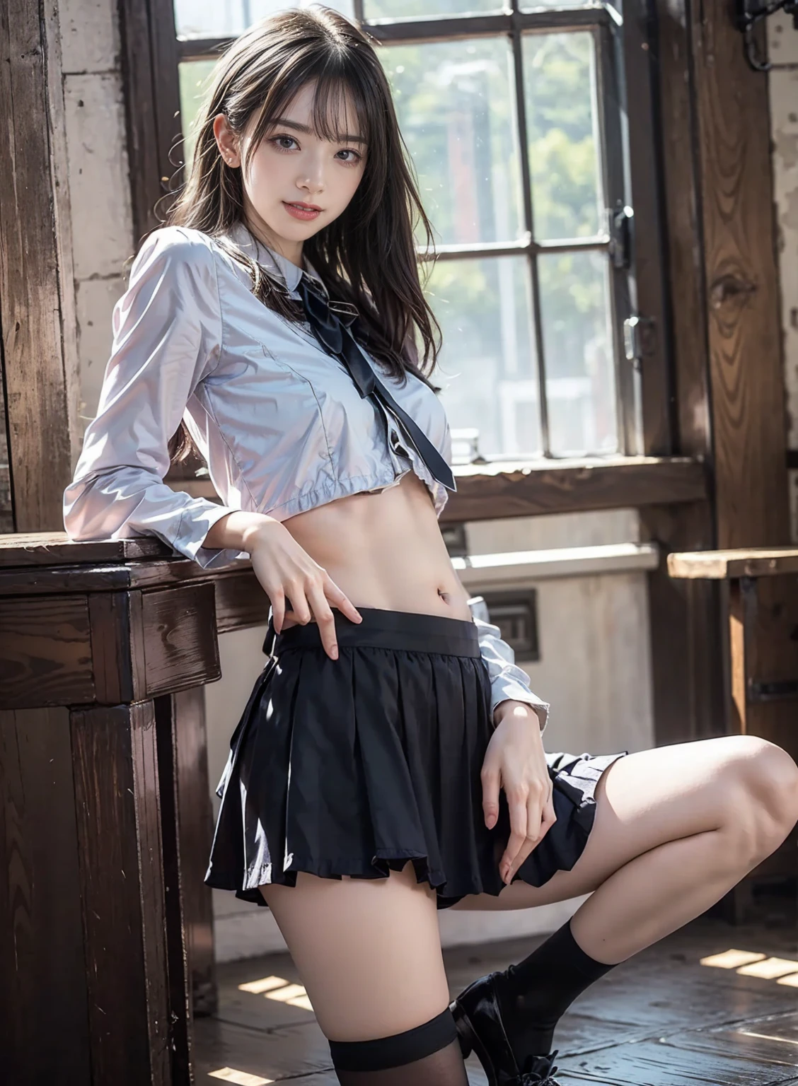 masterpiece, best quality, photoreal, 1girl, big smile, flat bangs, filipino, very big eyes, emotional, 20 years old, beautiful young girl with perfect figure: 1.4, crisp focus: 1.2, slender abs: 1.2, highly detailed face and skin texture, detailed eyes, white panties, open legs, crotch streaks, short hair, school uniform, big
