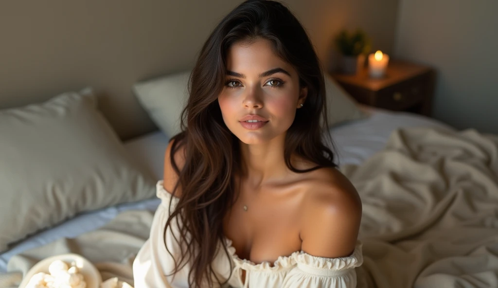 Indian girl detailed face, cute, big eyes, iconic, photorealistic, Indian , cleavage setting in bed and cute face long ha