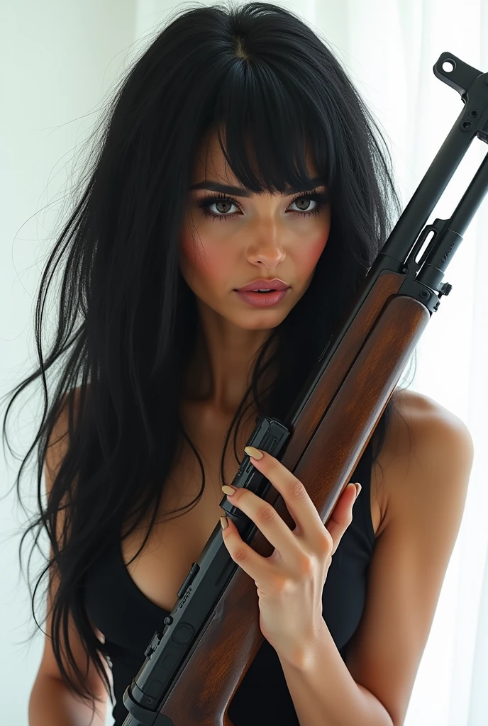 A beautiful youthful looking Filipino version of Ariana Grande as a 50 years old woman with long curly completely gray hair as the superhero Daisy Johnson from Agents of S.H.I.E.L.D wearing a swimsuit leaning on a wall hold a gun in her hands pointing it in front of her