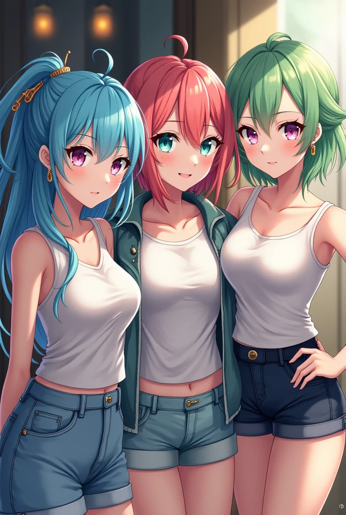 (masterpiece, best quality:1.24), best resolution, (3heads:1.5), (girl with three heads), 1girl, ((blue hair)), (blue hair), cheerful carefree, smiling, ((blue t-shirt)), ((pink shorts pants)), teenage girl, blue pants, green eyes, long ponytail