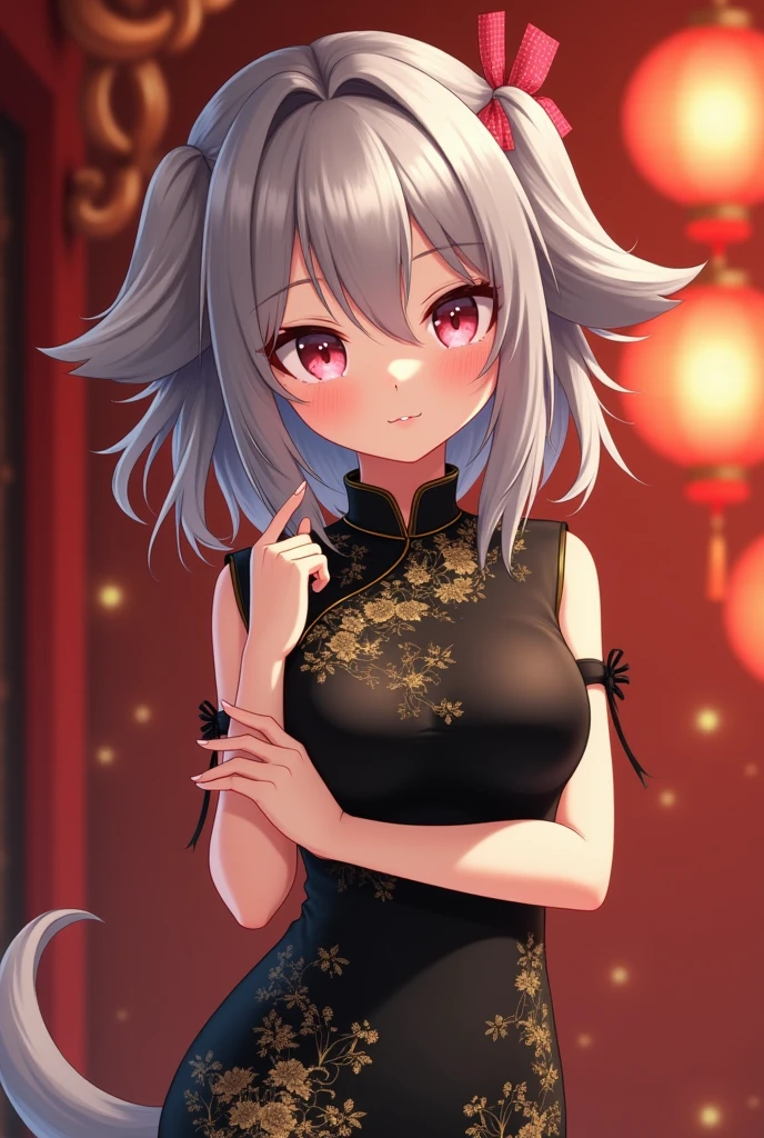 Silver Hair、Red Eye、Fox ears、girl、Small breasts、ponytail、girl、Small breasts、Lolita、Bright smile、Looks about 15 years old、Petan Musume、short、目のhighlight、Sexy thighs、Wearing china clothes、Showing armpits、Your eyes are so beautiful、highlight
