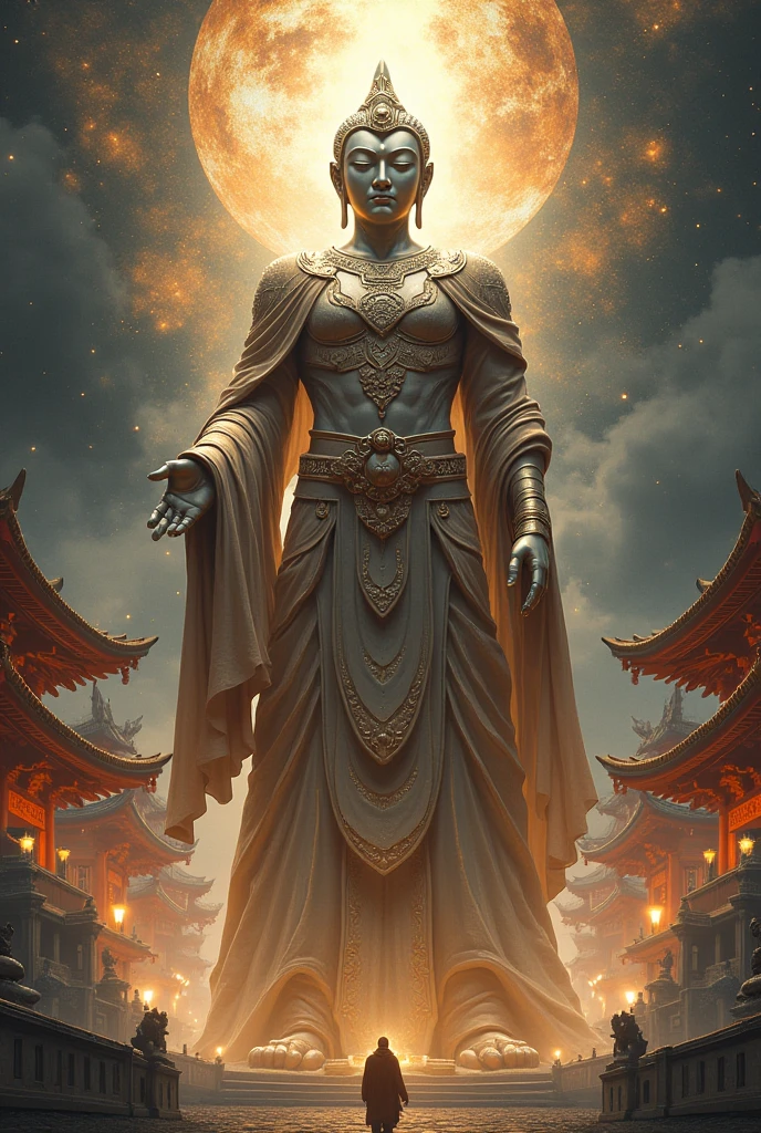 absurd, realistic lighting, (abyss) masterpiece, high quality, beautiful graphics, high detail, dressed woman, extremely refined and beautiful, amazing, fine detail, masterpiece, hyper-detail, high resolution, (best illustration), (best shadow), intricate, ancient landscape, thousand hands bodhisattva, temple, (mysterious black fog), journey to the west, ((corpse), ((ancient monster)), (ruins), (battlefield), (blood stain), glazed tiles, Buddha statue, lantern,
