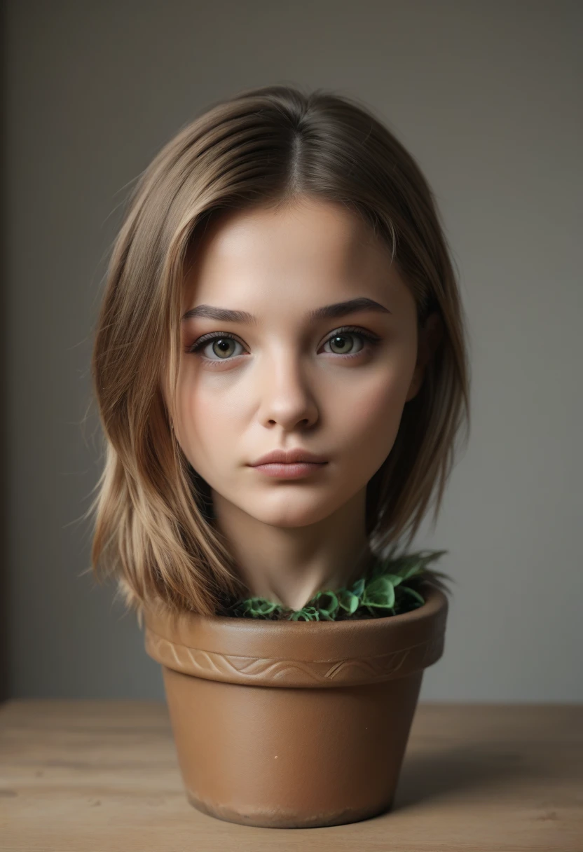 score_9, score_8_up, score_7_up, rating_safe, source_real, high resolution photograph, photo realistic, masterpiece, best quality, amazing quality, very aesthetic, absurdres, newest, intricate details, extremely detailed, professional lighting, 1girl, solo focus, (disembodied head of a young woman in a (flower pot) on the table:1.2), face focus, close-up of her head, detailed face, detailed eyes, sophisticated nose, view from front, looking at the viewer, outdoors, daylight, tomak,