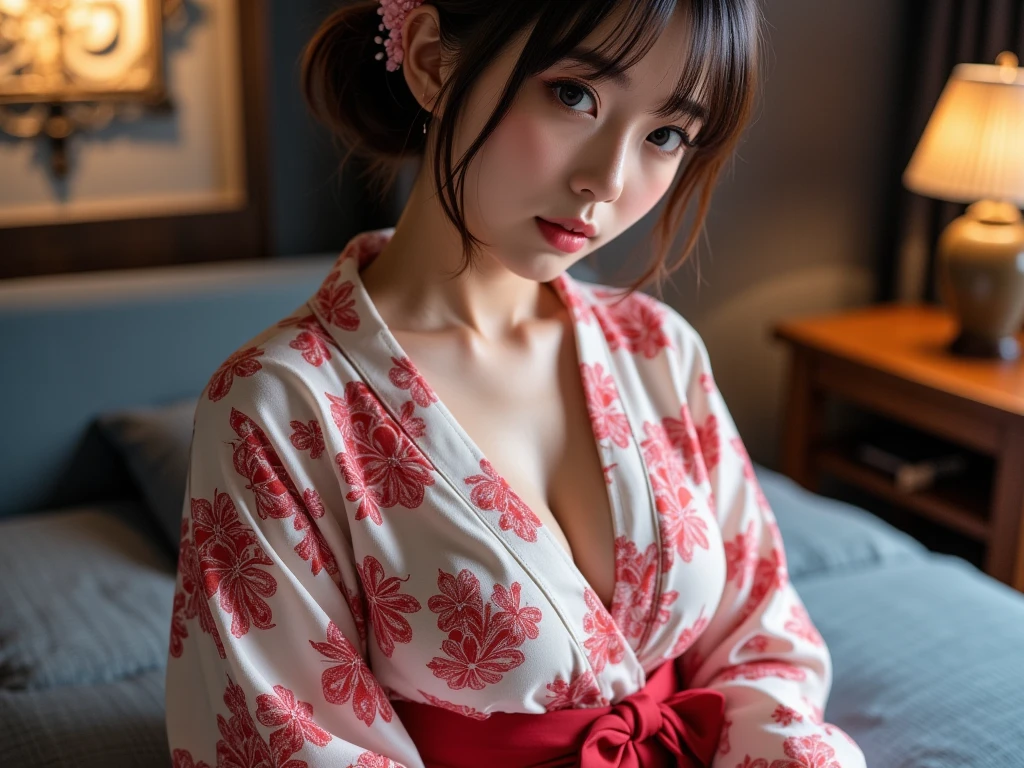 (Flower pattern kimono, Complex red, Webbing:1.4),
((highest quality, 8k, masterpiece: 1.3)), Perfect body beauty: 1.4, (Breast A cup:1.2), Small breasts, Round shaped breasts, Perfectly shaped breasts, Highly detailed face, Beautiful woman, (Dark brown shortcuts), Slim face, Highly detailed face and skin texture, Highly detailed lips, (Realistic:1.4),

((24-years-old, Sexy young wife:1.2)),

((Lay a red futon in a Japanese-style room, Sit on the futon with your legs stretched out, Start taking off clothes, Beautiful thighs:1.2)),((Sexy atmosphere, Gaze seducing a man, hold out your lips, A sigh escapes, Hold your crotch with your hands)),

((Dark room, Lantern:1.2)), 
((Squint your eyes)), 
((purse your lips:1.2)),
((Blushing:1.2)),
((Open your mouth a little to show your white teeth)), 
((Breast enlargement,Flat Chest:1.2)),

Narrow shoulders, Long, slender legs, Thin waist, 
Ultra-detailed skin, Glossy Skin, Ultra detailed face, Ultra detailed breasts, 
Ultra-detailed eyes, Slit eyes, Brown eyes, double eyelid, Beautiful thin eyebrows, Thin, long eyelashes, 
Ultra-detailed lips, Fuller lips, Glossy pink lips, Flushed Cheeks, White teeth, 
Beautiful actress&#39;s languid make-up, Pink lipstick, Smoky eyeshadow, Eye foundation, 
Dark brown hair, Delicate and soft hair, Hair blowing in the wind, 
(Elegantly putting your hair up, short hair, ponytail:1.5), Layered Cut, (Blunt bangs:1.2),
