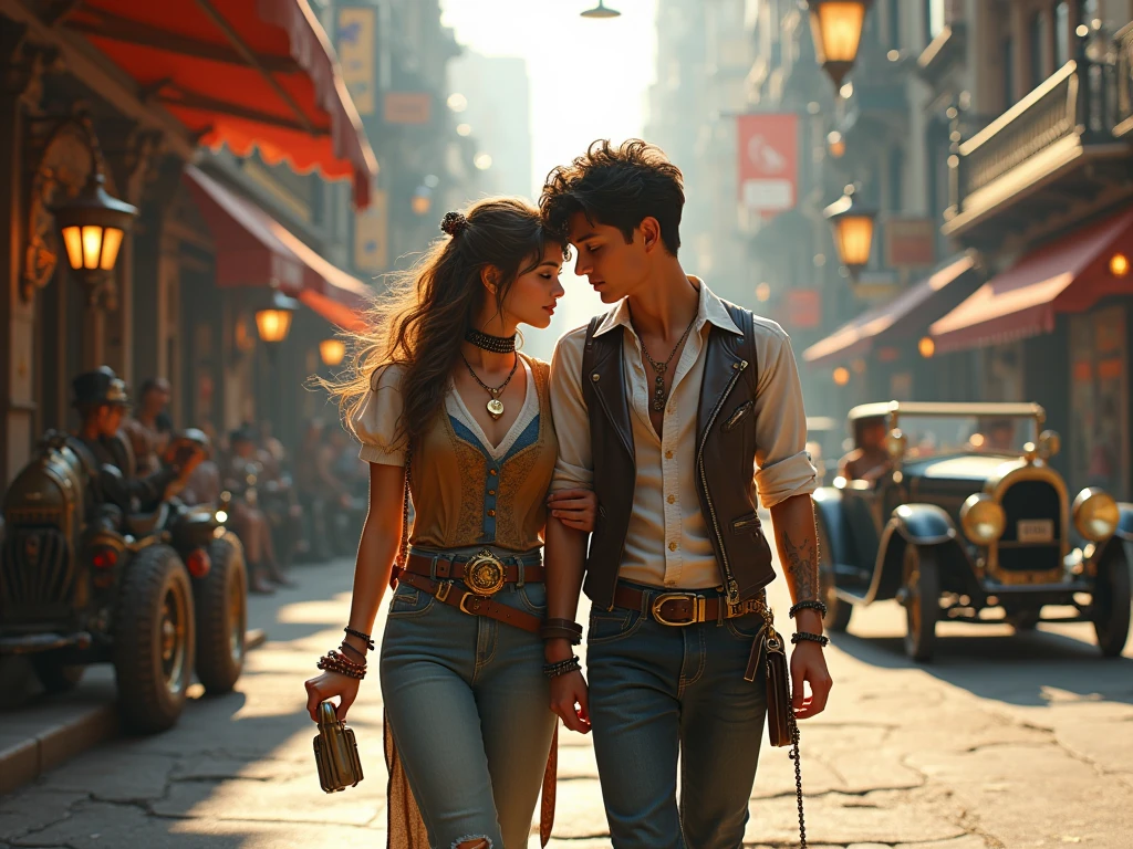 A man and a girl, vestidos estilo vitoriano, He has a blue beard and hands a bundle of keys to the girl --auto