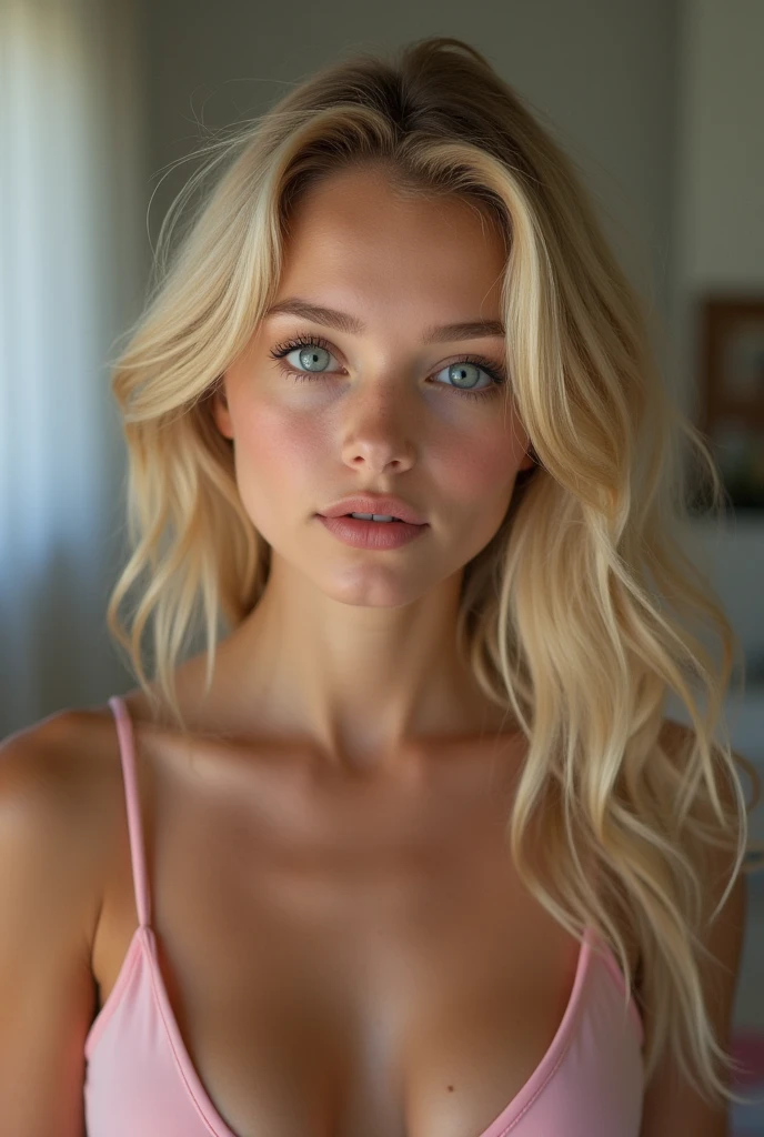 One Girl, 19 years old, alone, Aesthetic artwork, Irish, Wavy strawberry blonde hair, Shoulder-length hair, Grey Eyes, Light grey eyes, Pale skin, C Cup, Center of chest, runner'Body, (Textured skin, Skin pores:1.1), It gives me goosebumps, Lying on a hard bed in the bedroom、Wearing a T-shirt that reveals her underboobs, Looking into the camera, roller:Up shirt-000015:1
