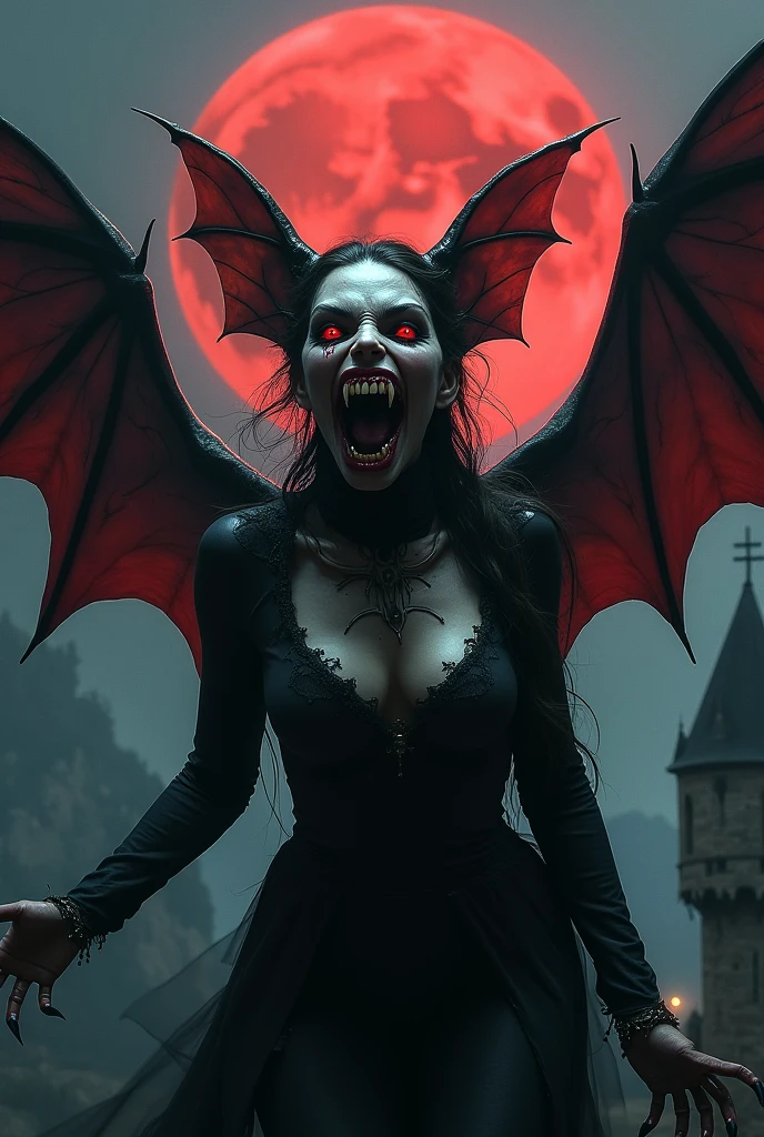 Young lively girl undergoing a transformation into an evil demonic Vampire, female, long dark hair, pasty pale ghastly skin, red eyes, vampire fans, very long canine teeth becoming fangs, elegant flowing renaissance era black dress, Romanian, dark castle, nighttime, moonlight, dimly lit, horror, threatening to bite you, bearing her fangs, huge leathery bat wings, close, very close, Vampire bite scene, long black obsidian horns, red-tinged skin