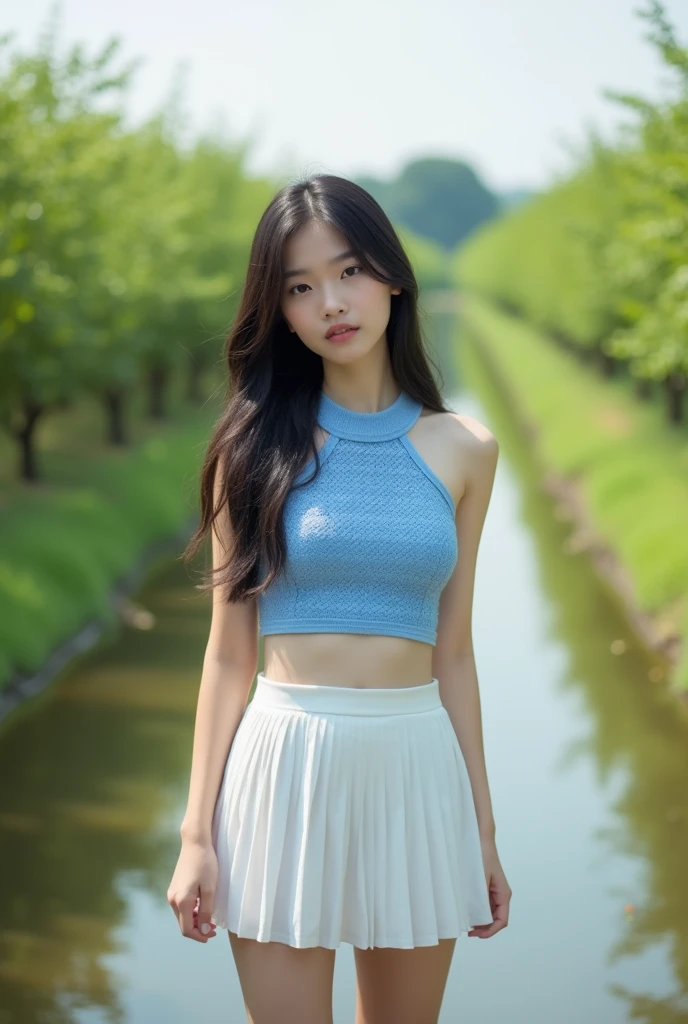 photo of black hair female, natural skin, realistic skin, beautiful refined skin, real skin texture, sharp face lines, skinny face, beautiful slim face, black long hair, beautiful dimples cheeks, slim beautiful japanese face, beautiful face, beautiful nose, masterpiece, high resolution, 21 years old, busty female, american mixed japanese ethnic female, whimsical setting, wearing a pastel tulle skirt and a lacy top, playfully twirling, surrounded by soft, colorful flowers