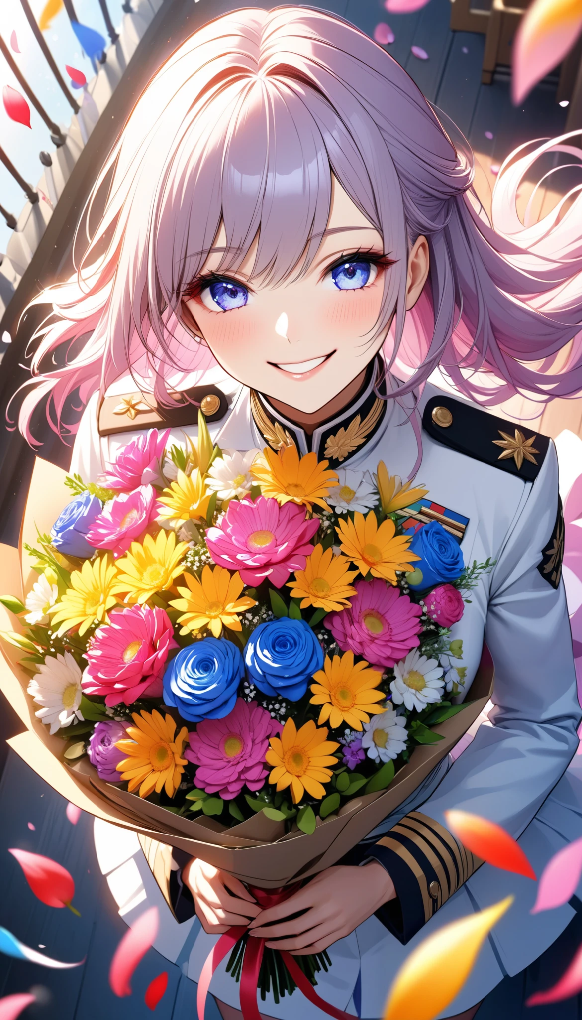 The text says , "thank you 4k followers" Handing you a bouquet, female Admiral , shot from above, \bouquet\, A wide range of colors, Very Bright Colors , Superb details , Elaborate Petals , Splendid Fragrance Propagation , \ female Admiral \, gentle smile, looks very happy, BREAK Celebrating a New milestone ,