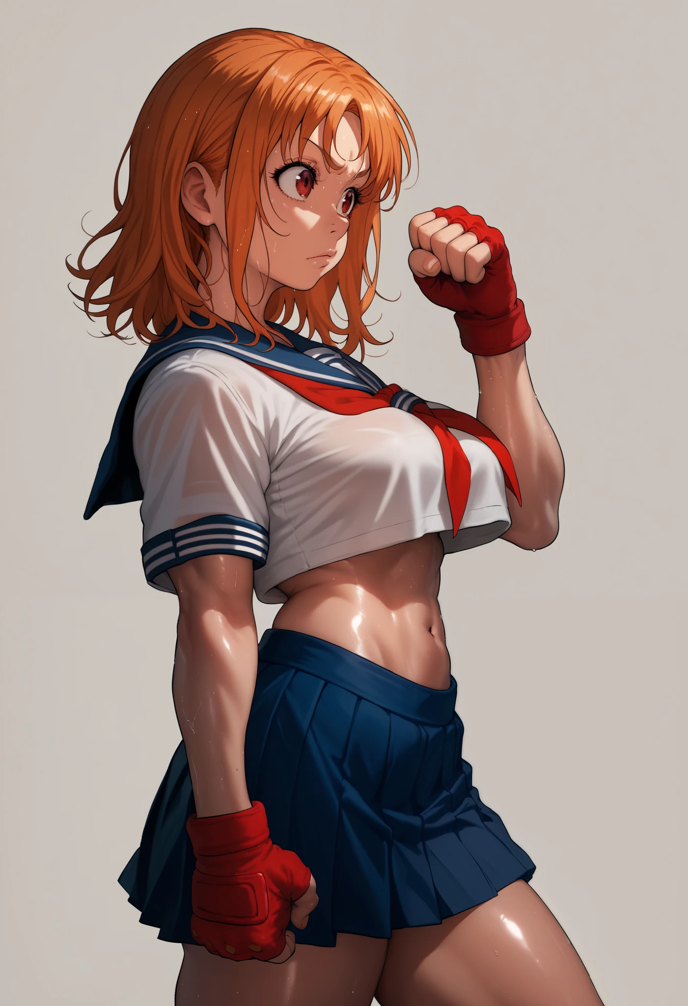 Solo,1girl, takami chika, medium hair, orange hair, red eyes,standing, sporty athletic build, confident pose, big breasts, breasts outlines, score_9, score_8_up, score_7_up, score_6_up,blue skirt, crop top, midriff, miniskirt, navel, sailor , school uniform, short sleeves, skirt, stomach, shirt, white shirt, red fingerless gloves,sweating, detailed body, shiny skin , RUKIA Style, web comic,toned thighs, sexy pose, simple background, clenched hands, slightly from side,underbutt