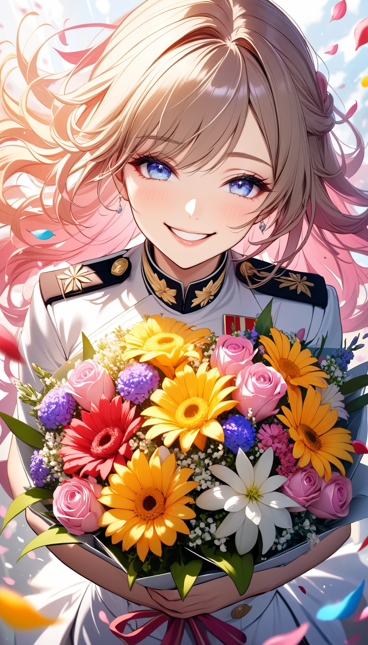 The text says , "thank you 4k followers" Handing you a bouquet, female Admiral , shot from above, \bouquet\, A wide range of colors,  Very Bright Colors ,  Superb details , Elaborate Petals ,  Splendid Fragrance Propagation , \ female Admiral \,  gentle smile,  looks very happy,  BREAK Celebrating a New milestone , 