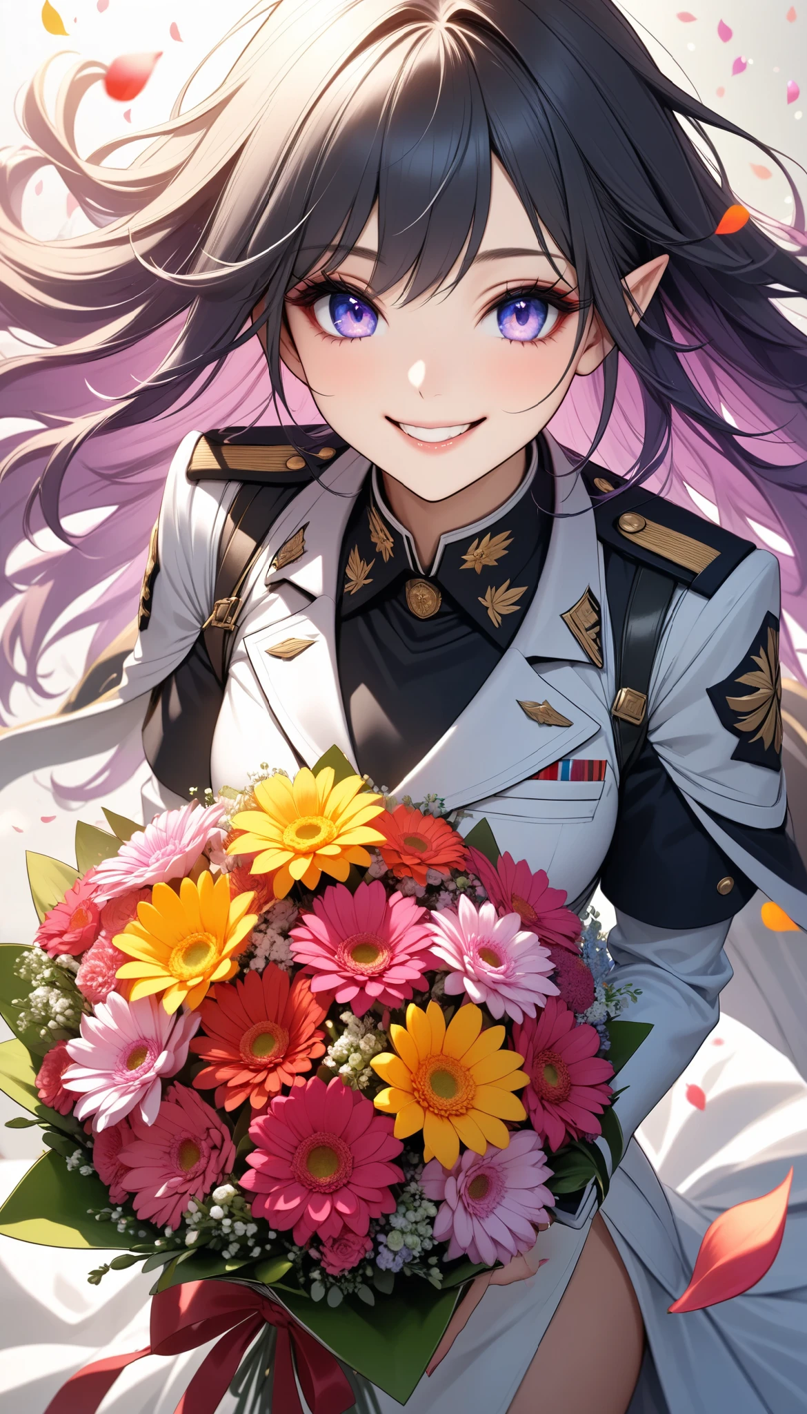 The text says , "thank you 4k followers" Handing you a bouquet, female Admiral , shot from above, \bouquet\, A wide range of colors,  Very Bright Colors ,  Superb details , Elaborate Petals ,  Splendid Fragrance Propagation , \character, "ATLAS",  female Admiral of the dark cute elf \,  gentle smile,  looks very happy,  BREAK Celebrating a New milestone , hzk, 