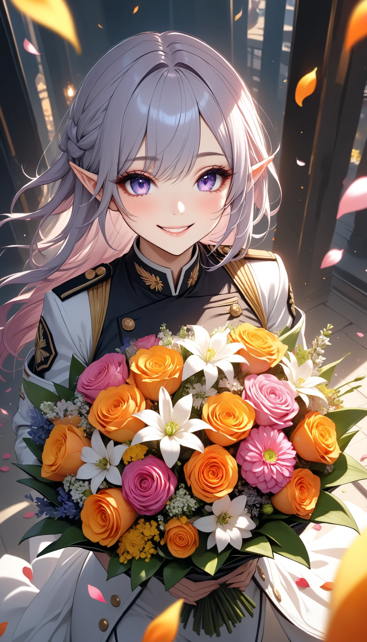 The text says , "thank you 4k followers" Handing you a bouquet, female Admiral , shot from above, \bouquet\, A wide range of colors,  Very Bright Colors ,  Superb details , Elaborate Petals ,  Splendid Fragrance Propagation , \character, "ATLAS",  female Admiral of the dark cute elf \,  gentle smile,  looks very happy,  BREAK Celebrating a New milestone , hzk, 