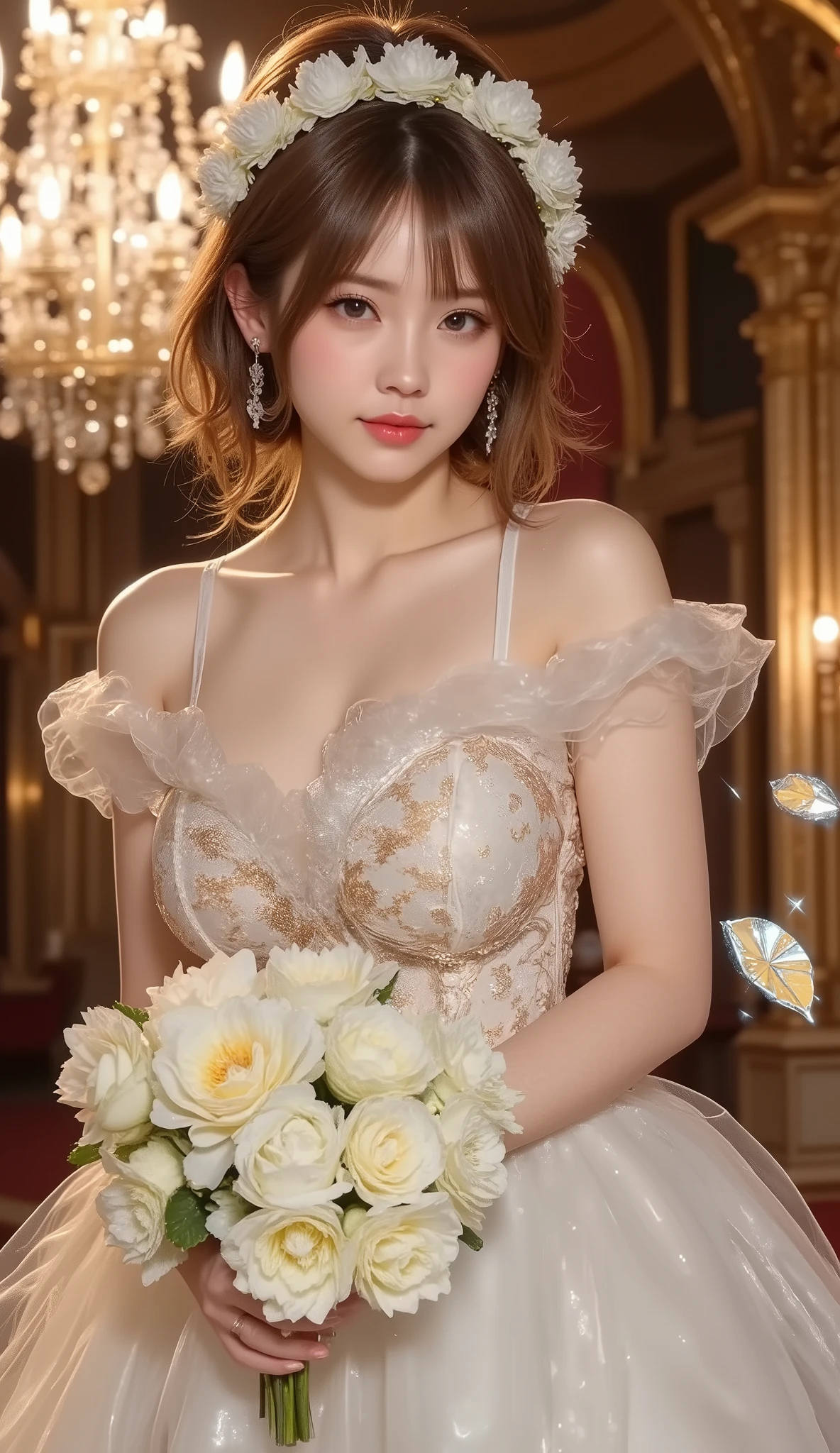 Dramatic composition, Court dress, royal, Nice, Cascading Ruffles, lottery, bow,  crystal chandelier  , swirl hairstyle , place,  broken diamond with double knot like a drill  , camera , bangs,   Maximalism   , Palace-like background,   WITH BROKEN DIAMONDS。Delicate depiction of hair and eyes,  princess dress , Nice skirts, Flowers in hands, smile, Starry Eyes, Cinematic Light,  very detailed,   high definition  ,  happy girl  ,  long hair, Highly detailed CG integrated into diamond and s , broken Highly detailed CG integrated into diamond and s ,  crystal fragment , Particles of light