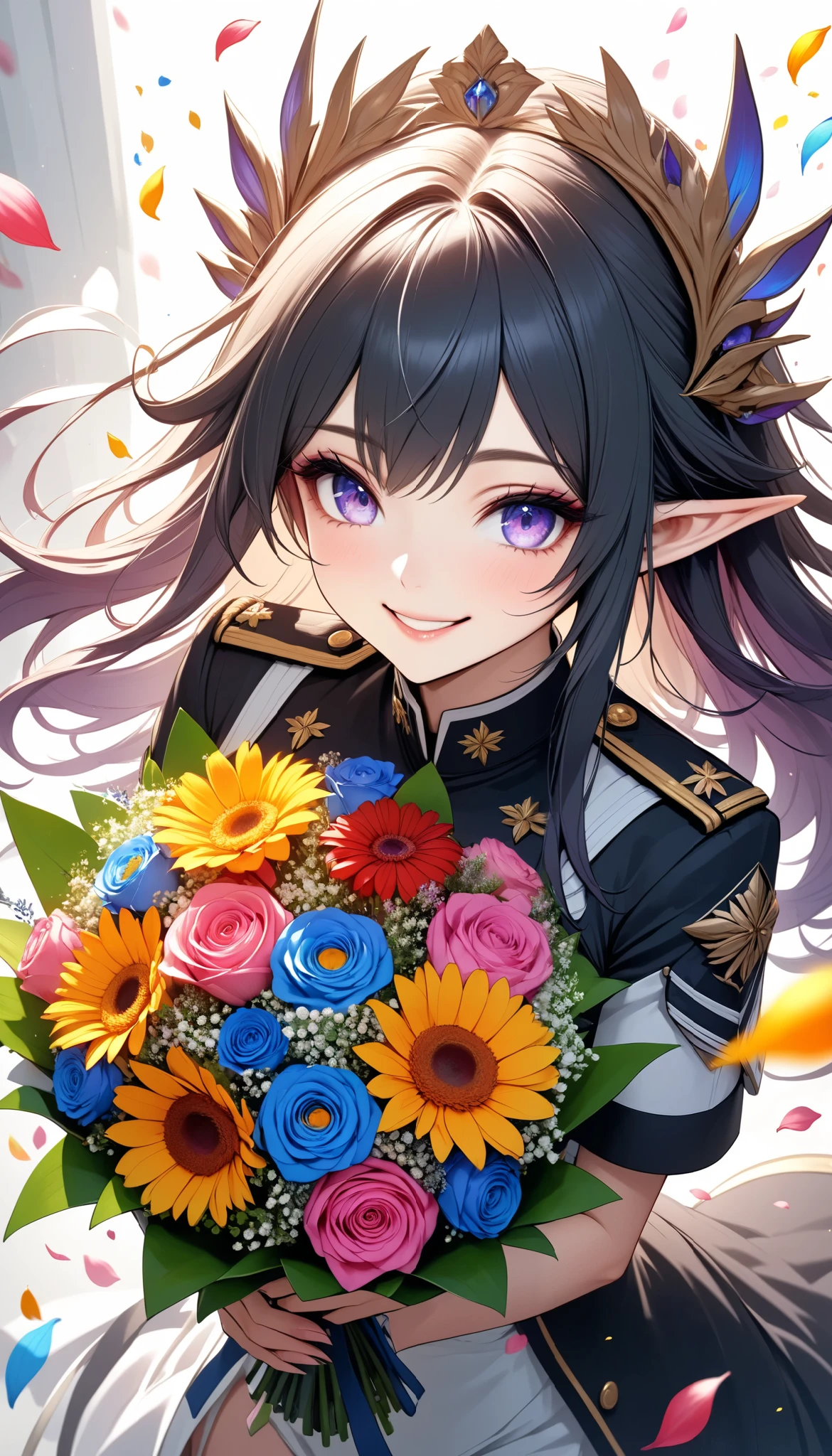 The text says , "thank you 4k followers" Handing you a bouquet, female Admiral , shot from above, \bouquet\, A wide range of colors,  Very Bright Colors ,  Superb details , Elaborate Petals ,  Splendid Fragrance Propagation , \character, "ATLAS",  female Admiral of the dark cute elf \,  gentle smile,  looks very happy,  BREAK Celebrating a New milestone , hzk, 