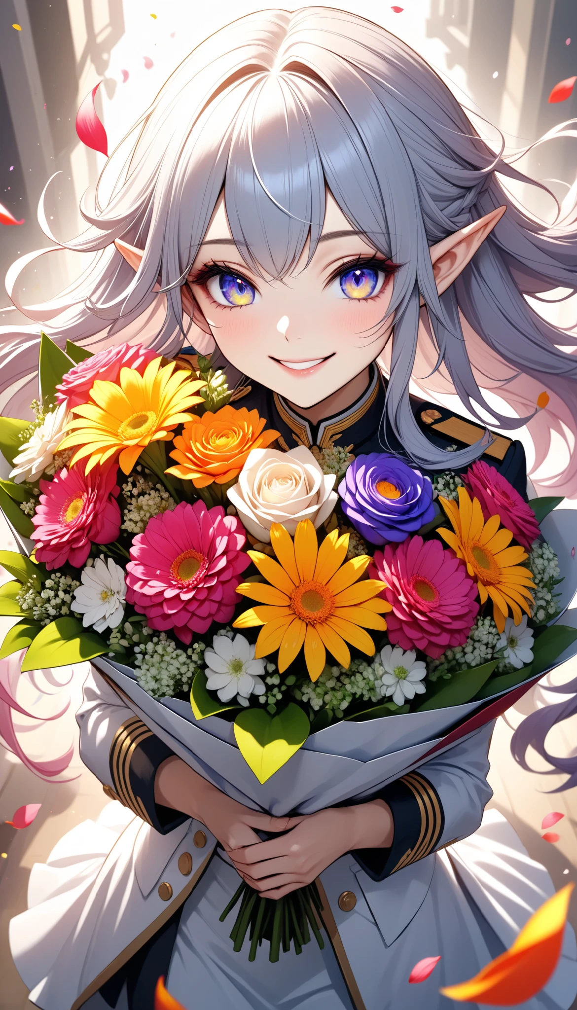 The text says , "thank you 4k followers" Handing you a bouquet, female Admiral , shot from above, \bouquet\, A wide range of colors, Very Bright Colors , Superb details , Elaborate Petals , Splendid Fragrance Propagation , \character, "ATLAS", female Admiral of the dark cute elf \, gentle smile, looks very happy, BREAK Celebrating a New milestone , hzk,