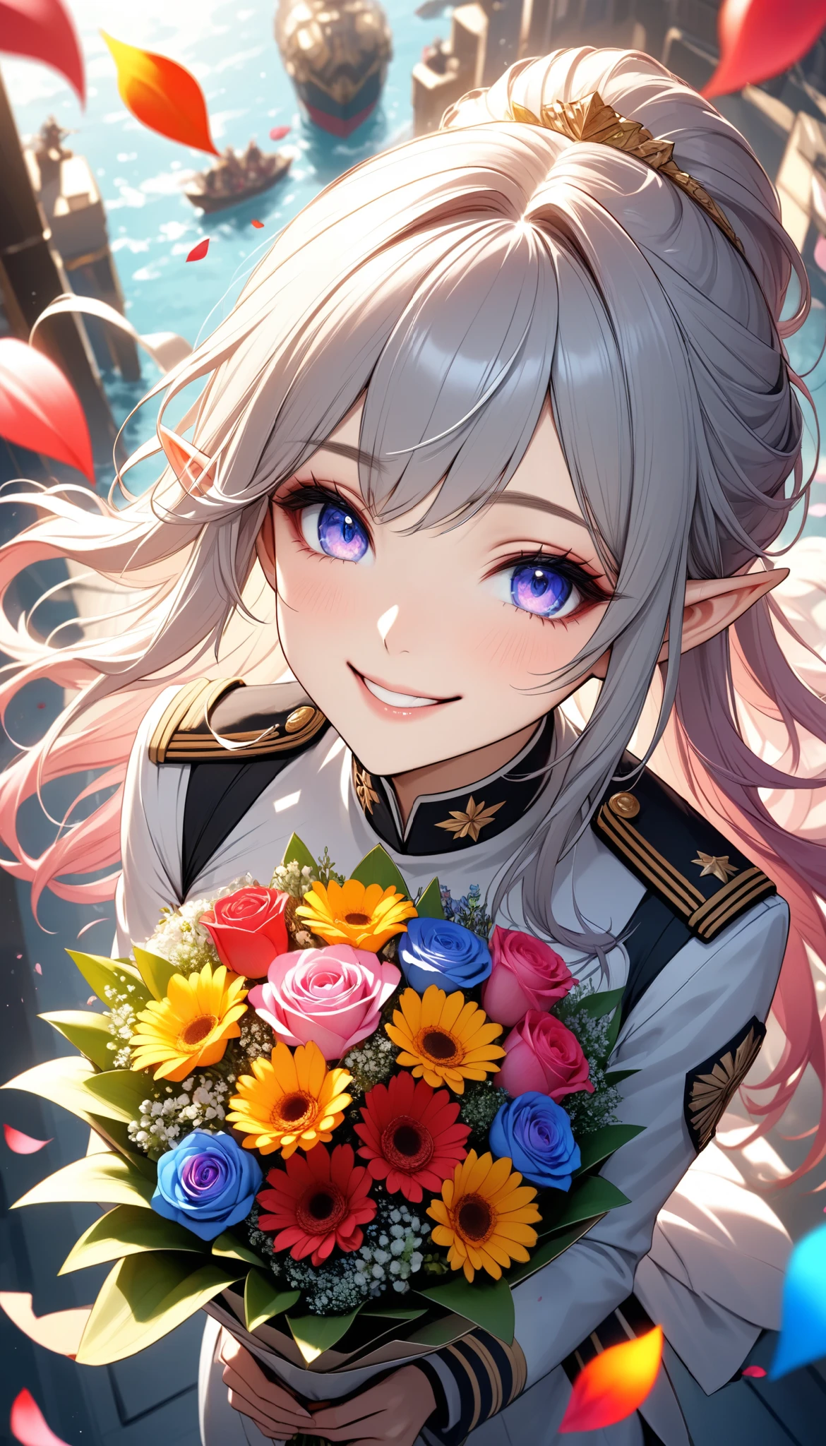 The text says , "thank you 4k followers" Handing you a bouquet, female Admiral , shot from above, \bouquet\, A wide range of colors,  Very Bright Colors ,  Superb details , Elaborate Petals ,  Splendid Fragrance Propagation , \character, "ATLAS",  female Admiral of the dark cute elf \,  gentle smile,  looks very happy,  BREAK Celebrating a New milestone , hzk, 