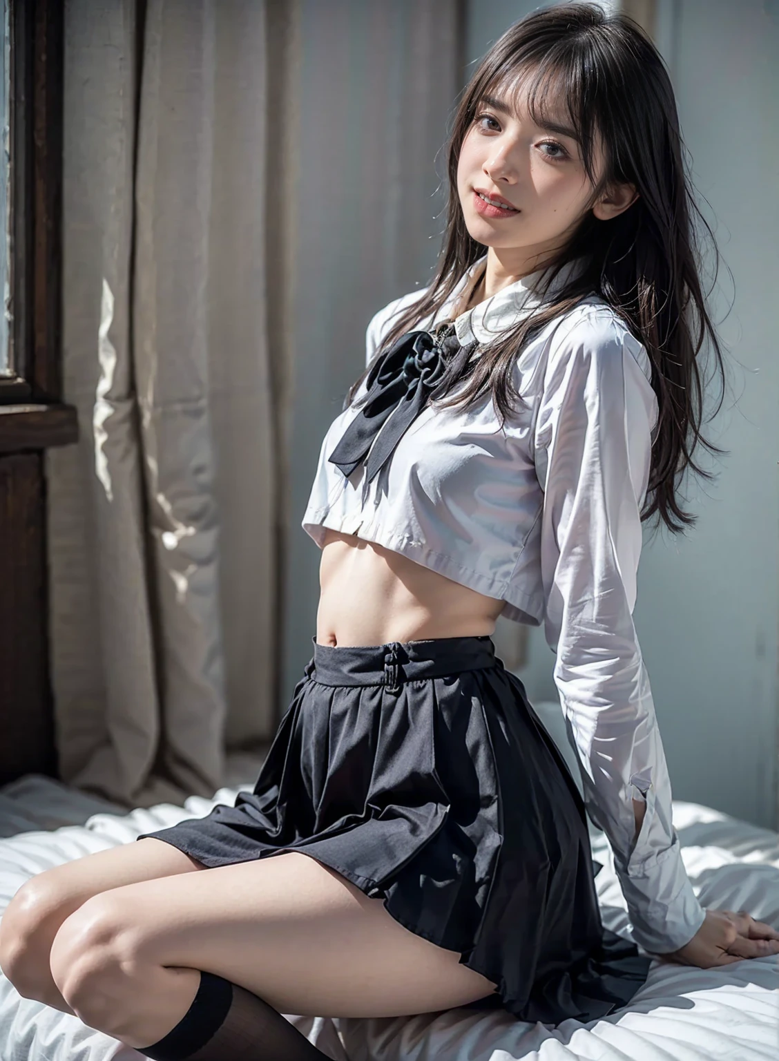 ((((Flat Chest)))),((1 Girl)),((alone)),((Highest quality)), (masterpiece),((High resolution)),beautiful girl,model,Japanese,(No makeup),Medium Bob,Brown Hair,Perfect body,Small and perfect nipples,Random Background,Lace mini skirt、Knee-high socks