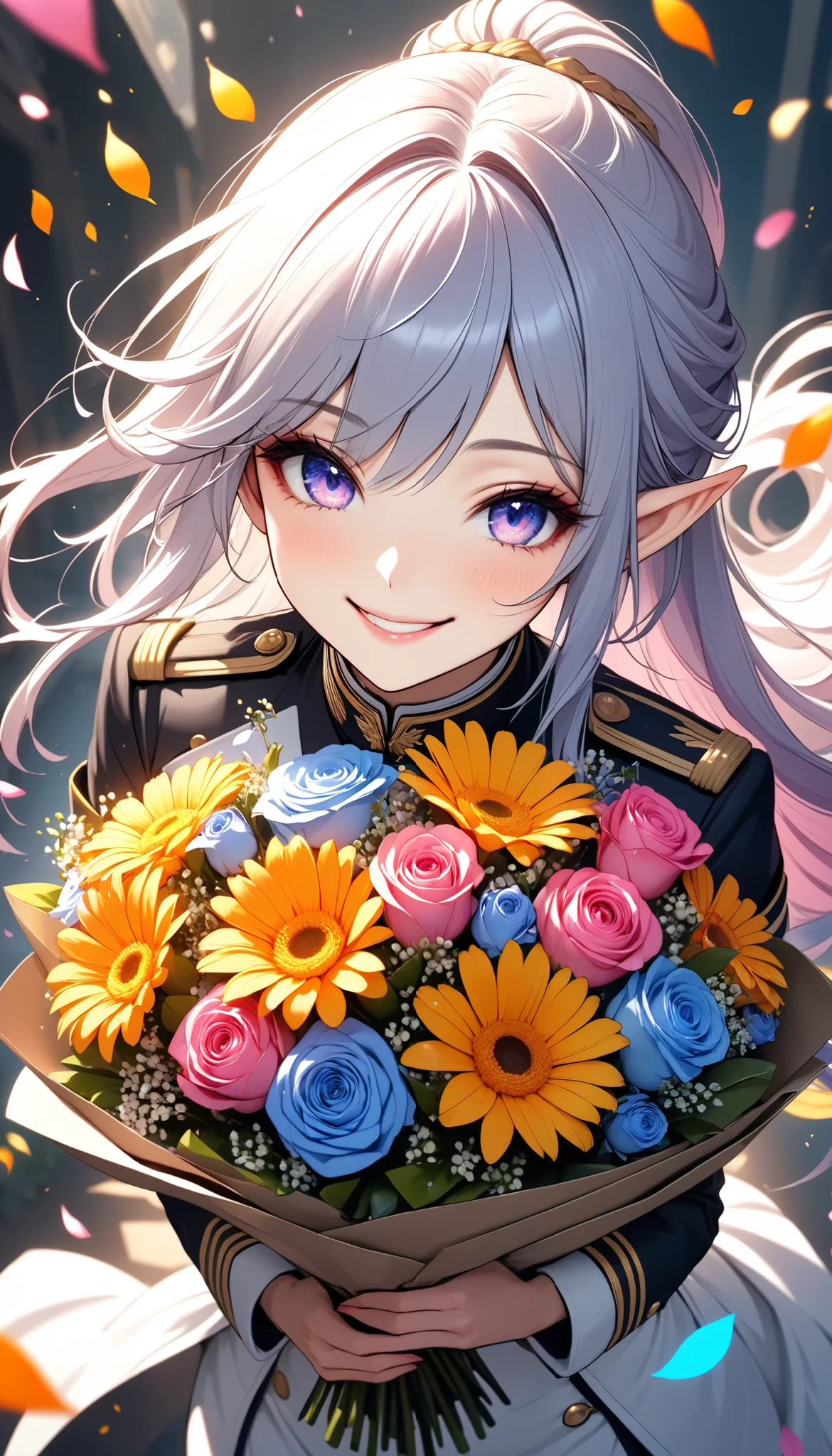 The text says , "thank you 4k followers" Handing you a bouquet, female Admiral , shot from above, \bouquet\, A wide range of colors,  Very Bright Colors ,  Superb details , Elaborate Petals ,  Splendid Fragrance Propagation , \character, "ATLAS",  female Admiral of the dark cute elf \,  gentle smile,  looks very happy,  BREAK Celebrating a New milestone , hzk, 