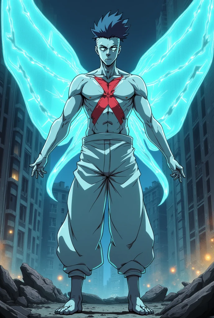 A 7 ft. Tall  Very pale skinned glowing blue-eyed. No hair lean muscular humanoid creature. Vicious looking. With a red X-shaped deep scar in the centre of the chest. Wearing white oversized baggy pants. in a destroyed City landscape. Standing in a crater. In an Young justice anime style.