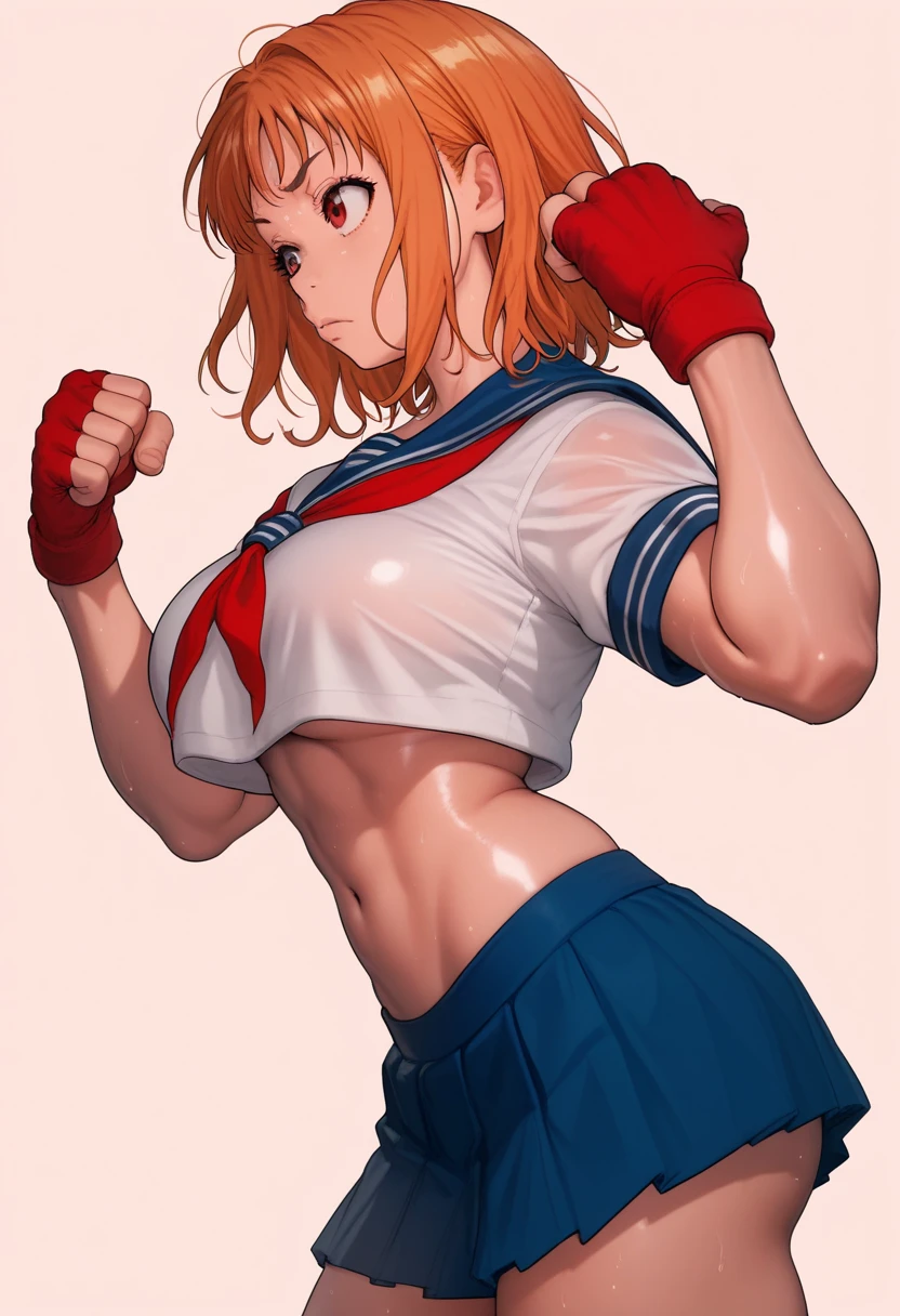 Solo,1girl, takami chika, medium hair, orange hair, red eyes,standing, sporty athletic build, confident pose, big breasts, breasts outlines, score_9, score_8_up, score_7_up, score_6_up,blue skirt, crop top, midriff, miniskirt, navel, sailor , school uniform, short sleeves, skirt, stomach, shirt, white shirt, red fingerless gloves,sweating, detailed body, shiny skin , RUKIA Style, web comic,toned thighs, sexy pose, simple background, clenched hands, slightly from side,underbutt