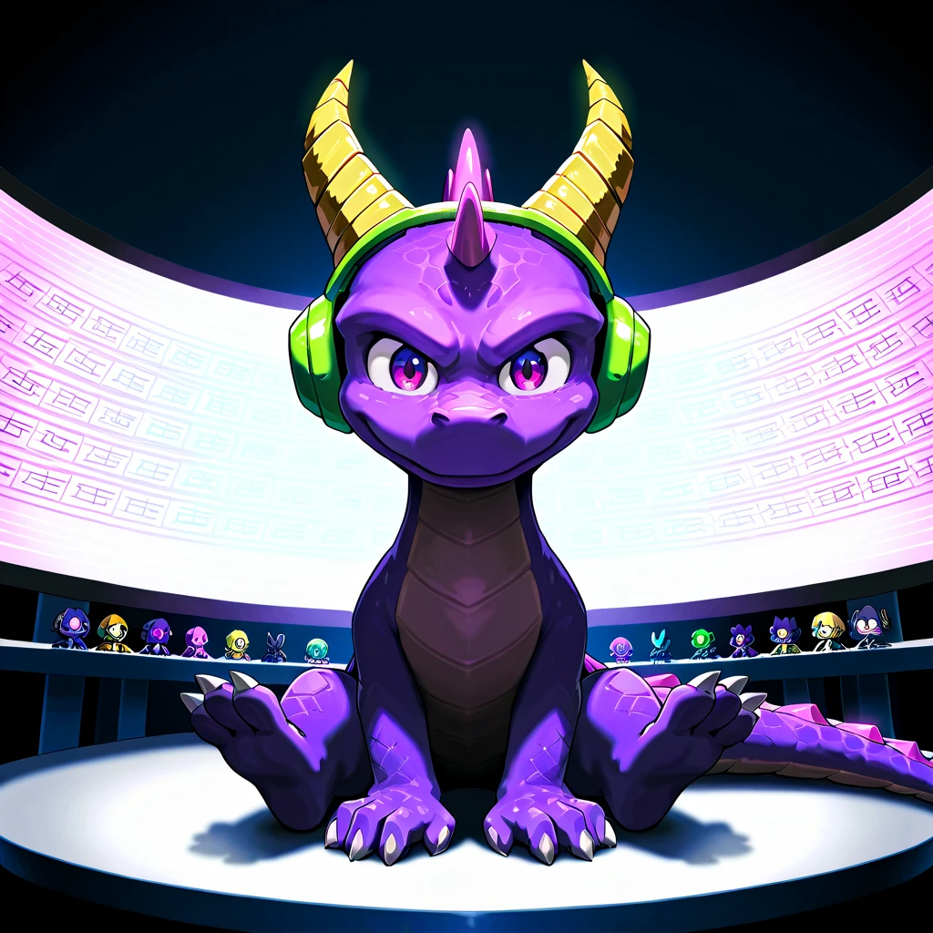 Dragon calf, small, purple scales, magenta accent, detailed magenta eyes, sitting at a desk with a gaming setup, wearing glowing rainbow headphones with crystals floating nearby