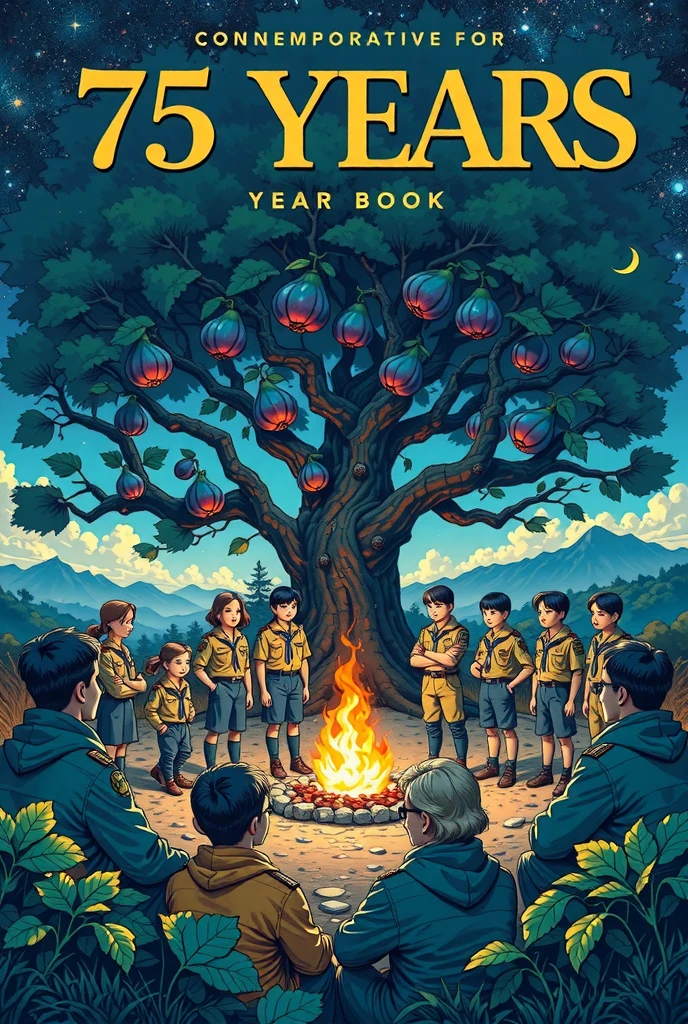  An artistic illustration for the cover of a commemorative 75 year book, showing a group of Boy Scouts in modern attire ,  with varying ages  (ren,  young people and adults ),  gathered around a bright bonfire under an imposing fig tree ,  representing the symbol of connection with nature .  The scene takes place at night , with a starry sky in the background.  The art style is a fusion of vintage and modern , with predominant colors such as silver , blue,  green and touches of gold to convey celebration and unity .