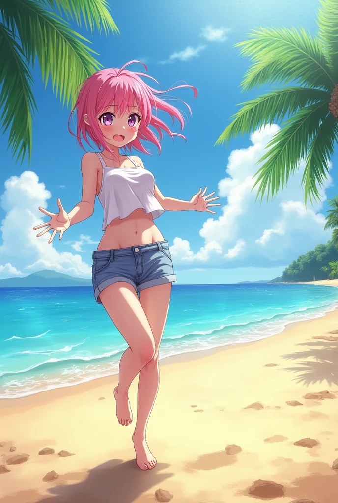 (melhor qualidade, obra-prima), (1girl, solo), sorriso radiante, risos contagiantes, oceano sereno, Relaxed shorts, cabelo escuro ao vento, pele bronzeada, leve blush, olhar fixo para o espectador, cabelo ondulado gracioso.