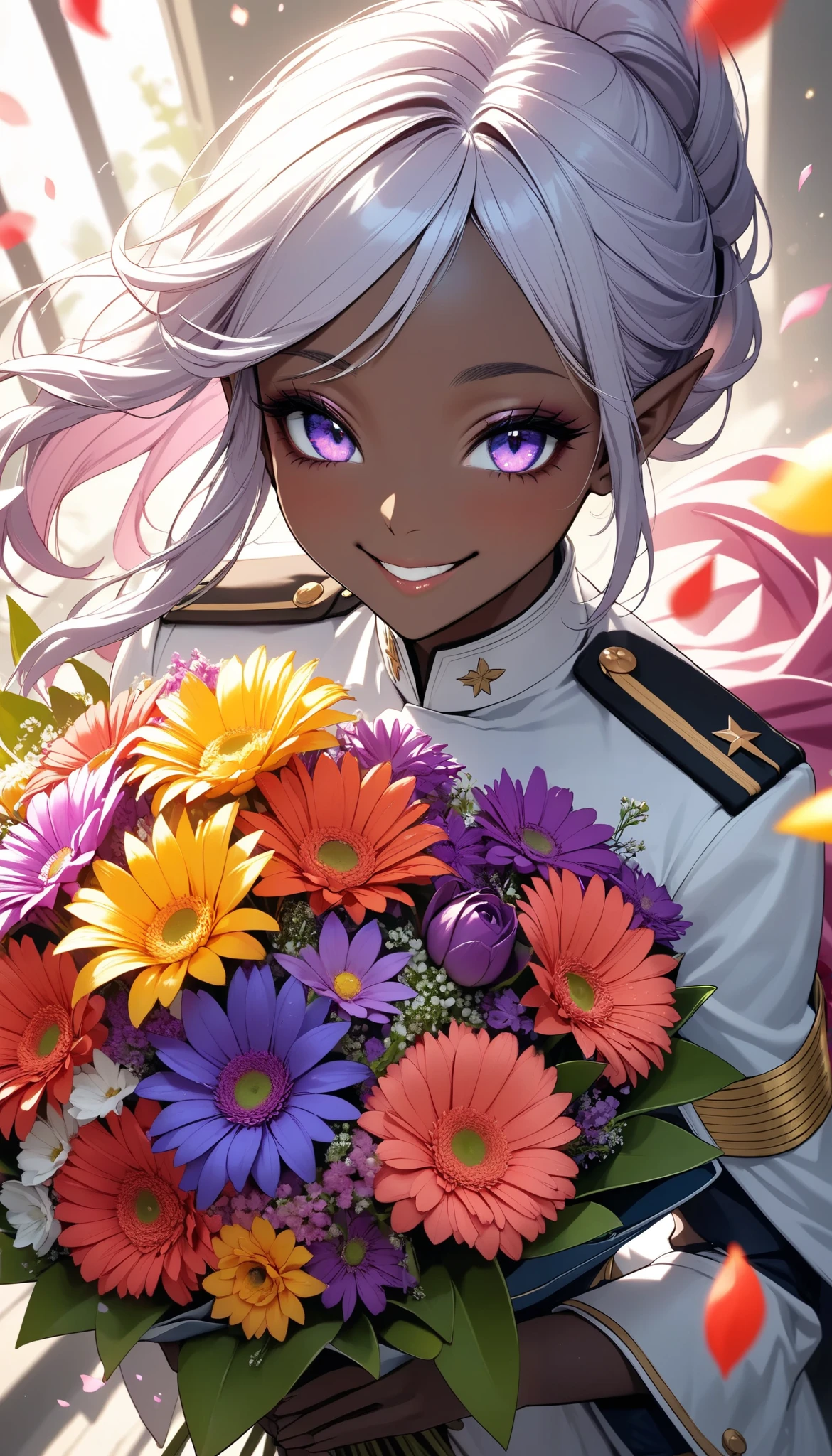 The text says , "thank you 4k followers" Handing you a bouquet, female Admiral , shot from above, \bouquet\, A wide range of colors, Very Bright Colors , Superb details , Elaborate Petals , Splendid Fragrance Propagation , BREAK \female Admiral of the (Dark elf,) \, light black skin, beautiful oily skin, gentle smile, looks very happy, BREAK Celebrating a New milestone , bshp,