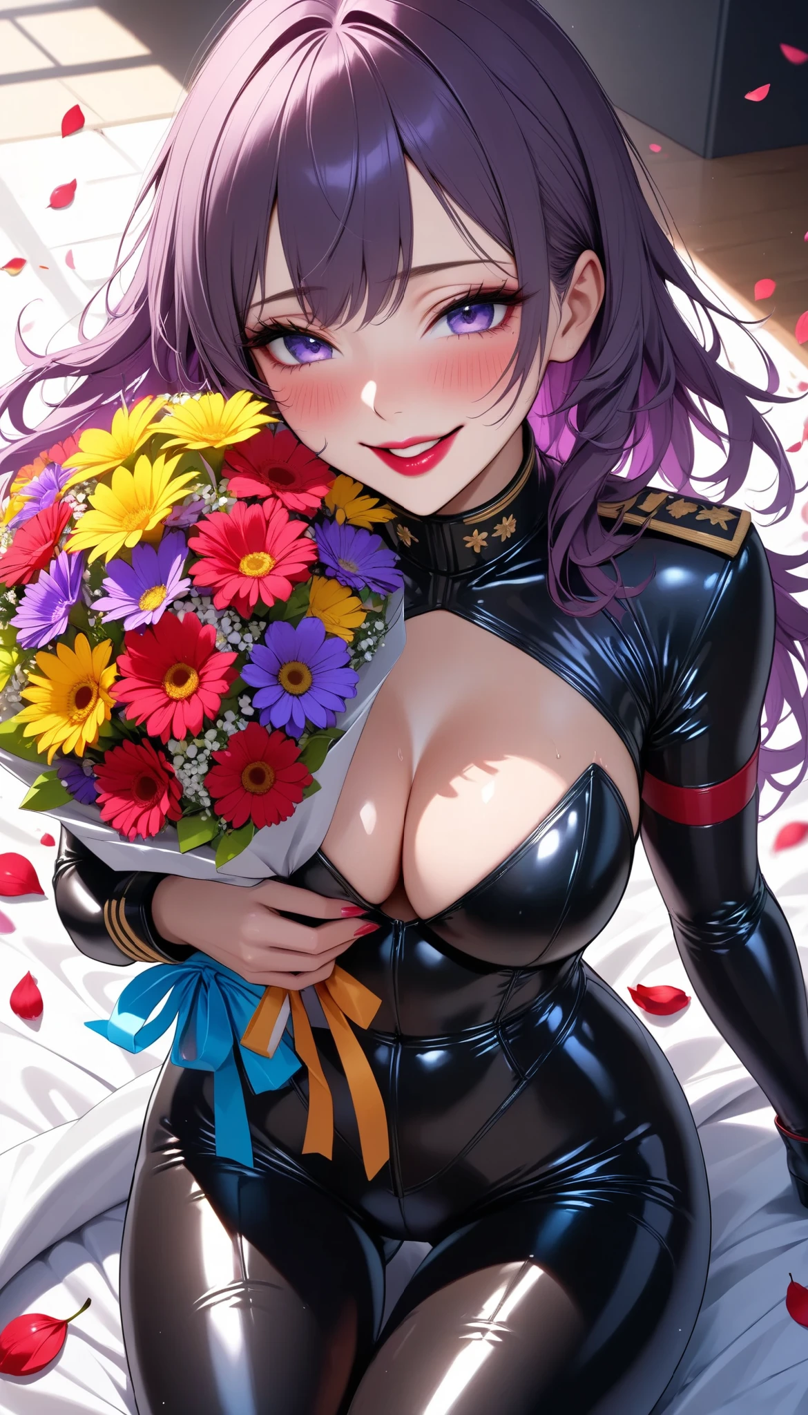 The text says , "thank you 4k followers" Handing you a bouquet, female Admiral , shot from above, \bouquet\, A wide range of colors,  Very Bright Colors ,  Superb details , Elaborate Petals ,  Splendid Fragrance Propagation , BREAK \female Admiral of the (short latex suit pant style,) embarrassed face \,  vivid cherry lip, sensual smile,  looks very orgasm,  BREAK Celebrating a New milestone , kiri, 