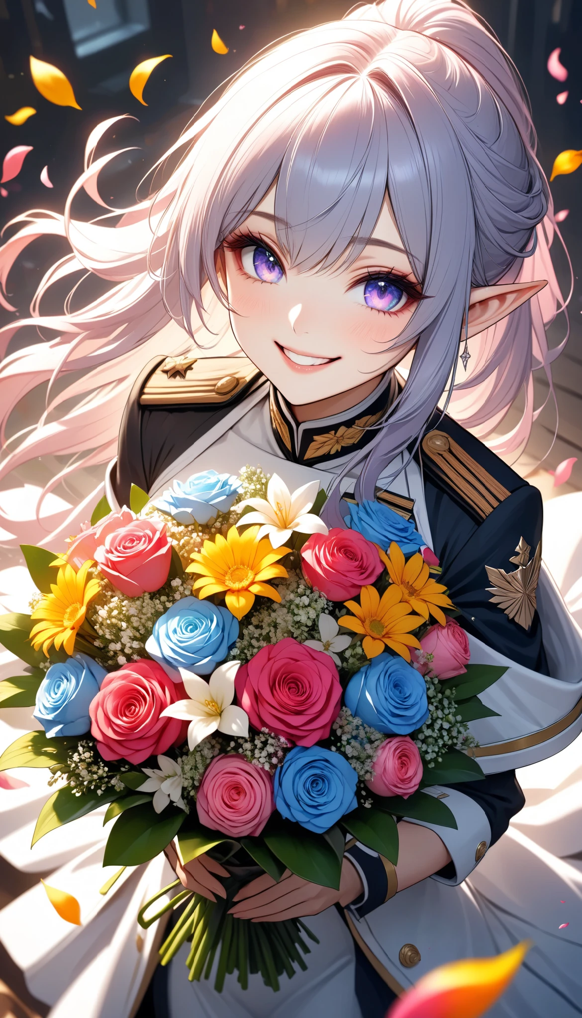 The text says , "thank you 4k followers" Handing you a bouquet, female Admiral , shot from above, \bouquet\, A wide range of colors,  Very Bright Colors ,  Superb details , Elaborate Petals ,  Splendid Fragrance Propagation , \character, "ATLAS",  female Admiral of the dark cute elf \,  gentle smile,  looks very happy,  BREAK Celebrating a New milestone , hzk, 