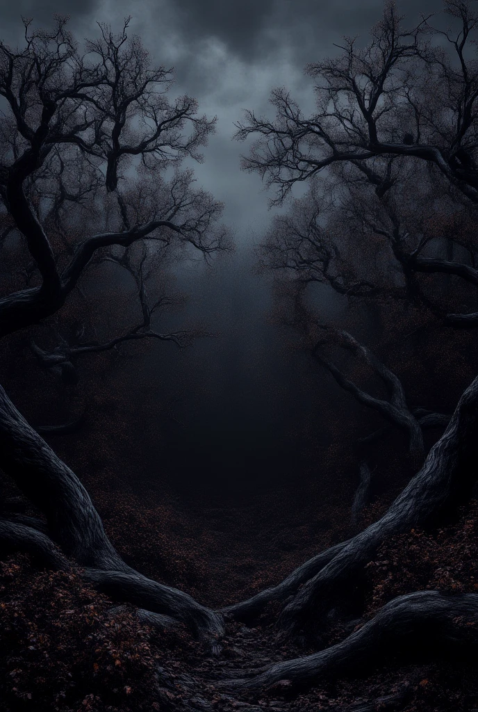 Dense, eerie woods with skeletal branches reaching toward a gray, overcast sky.